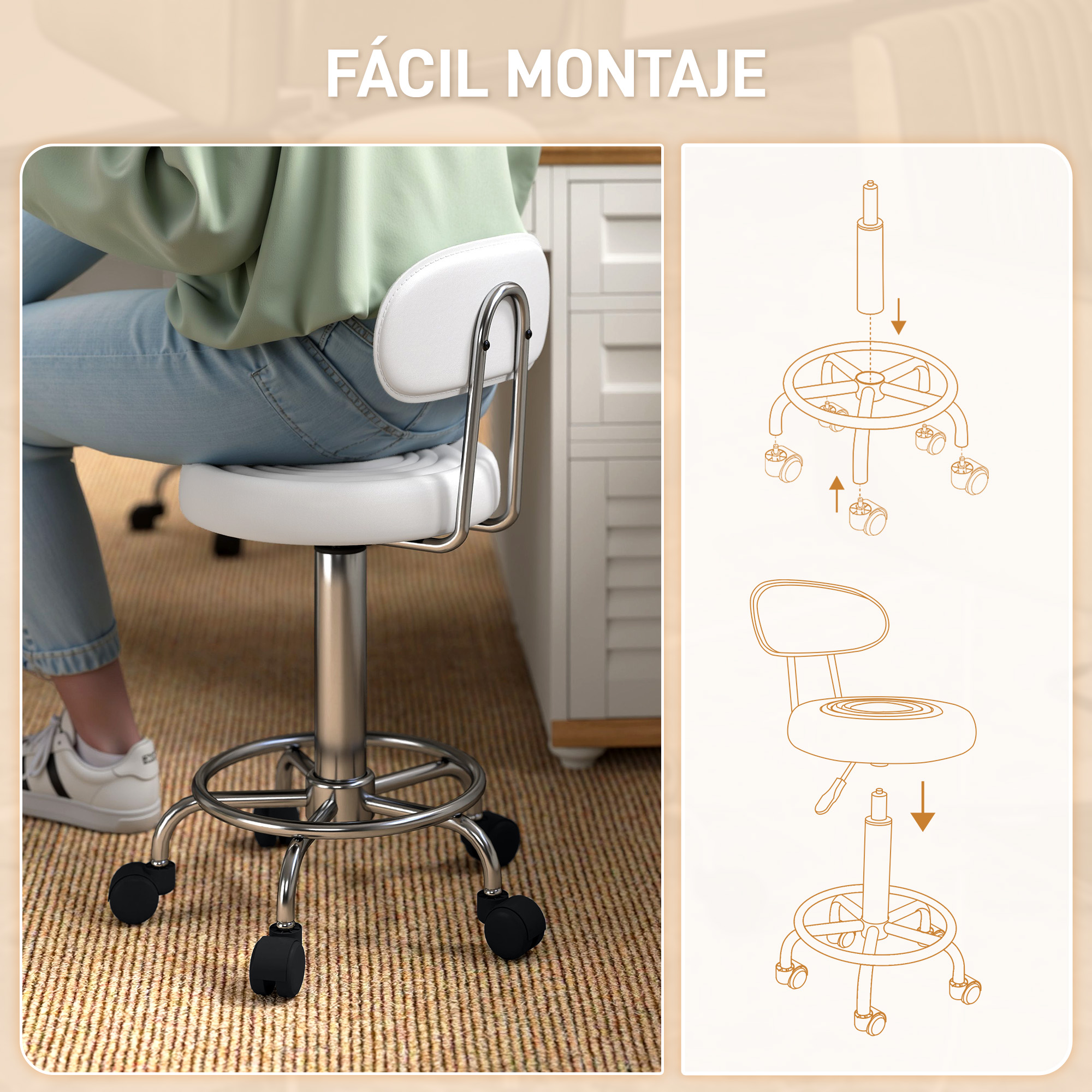 Una silla de oficina blanca con ruedas y un diagrama de montaje.