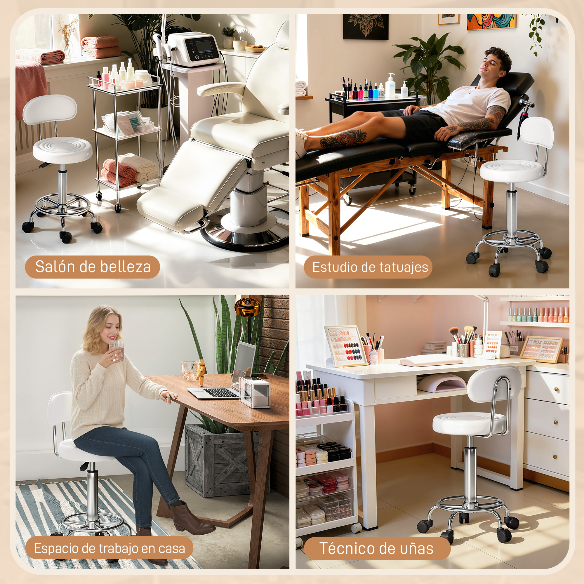 Cuatro escenas: salón de belleza, estudio de tatuajes, oficina en casa.