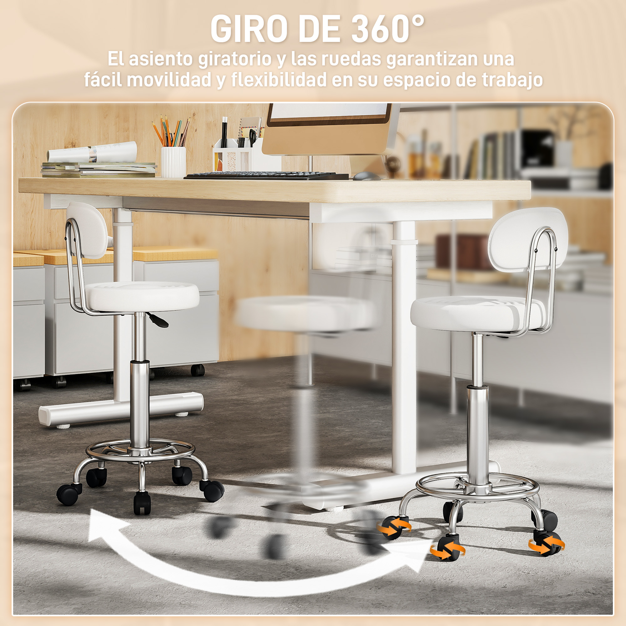 Dos sillas de oficina blancas con ruedas debajo de un escritorio.