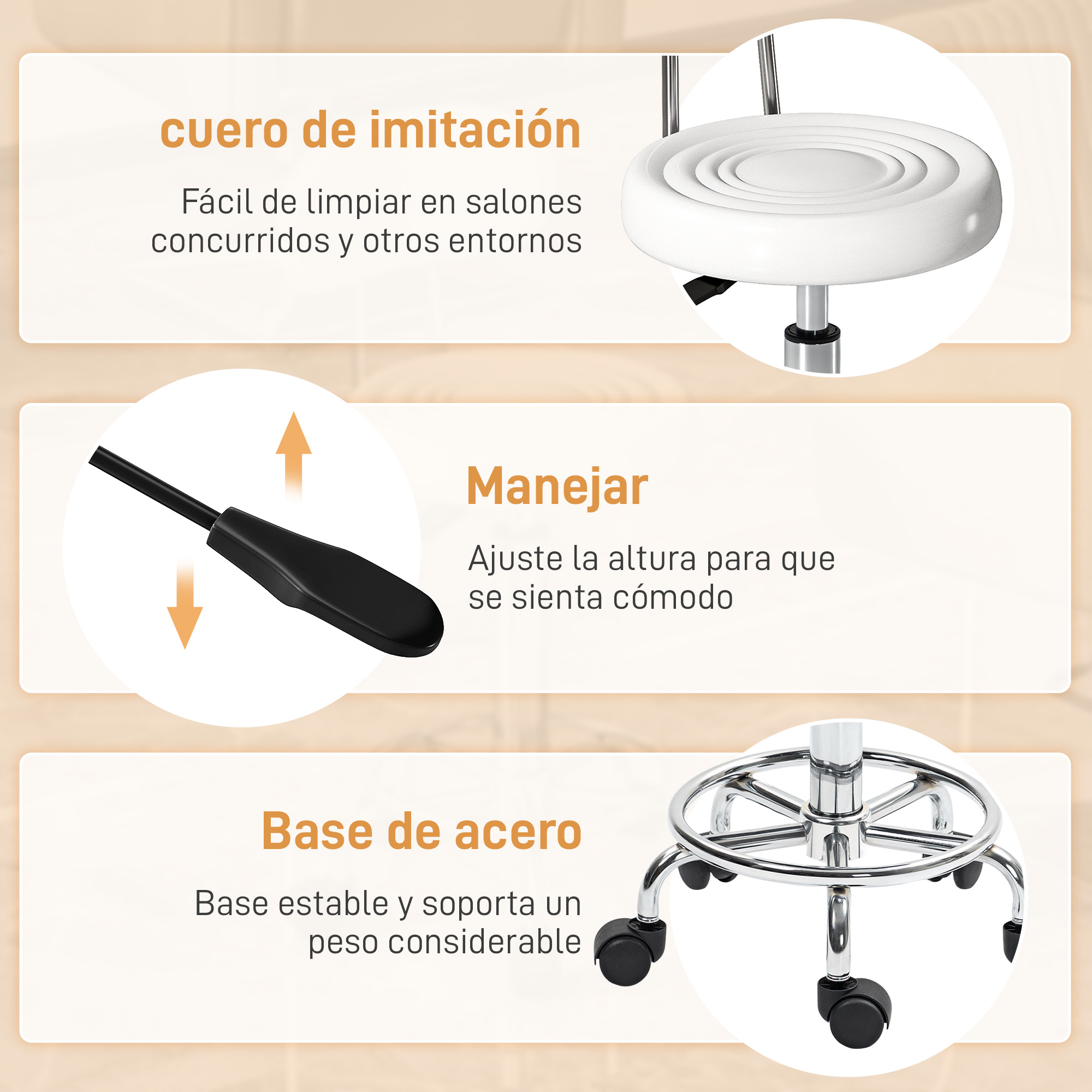 Características de la silla: Cuero sintético, palanca de ajuste de altura, base de acero.