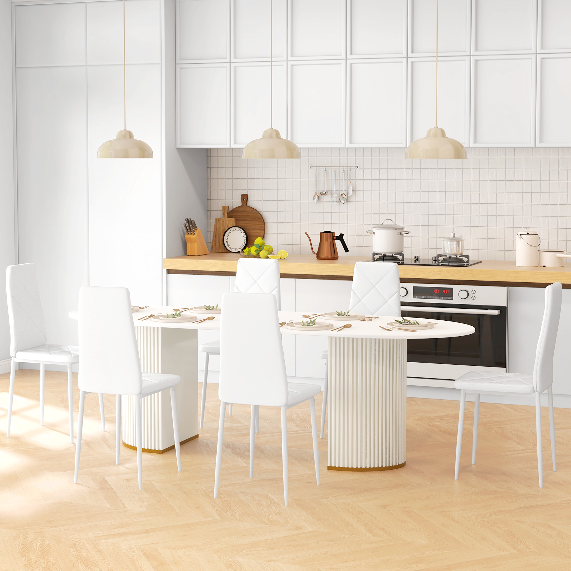 Juego de comedor blanco con mesa ovalada y seis sillas sobre suelo de parqué.
