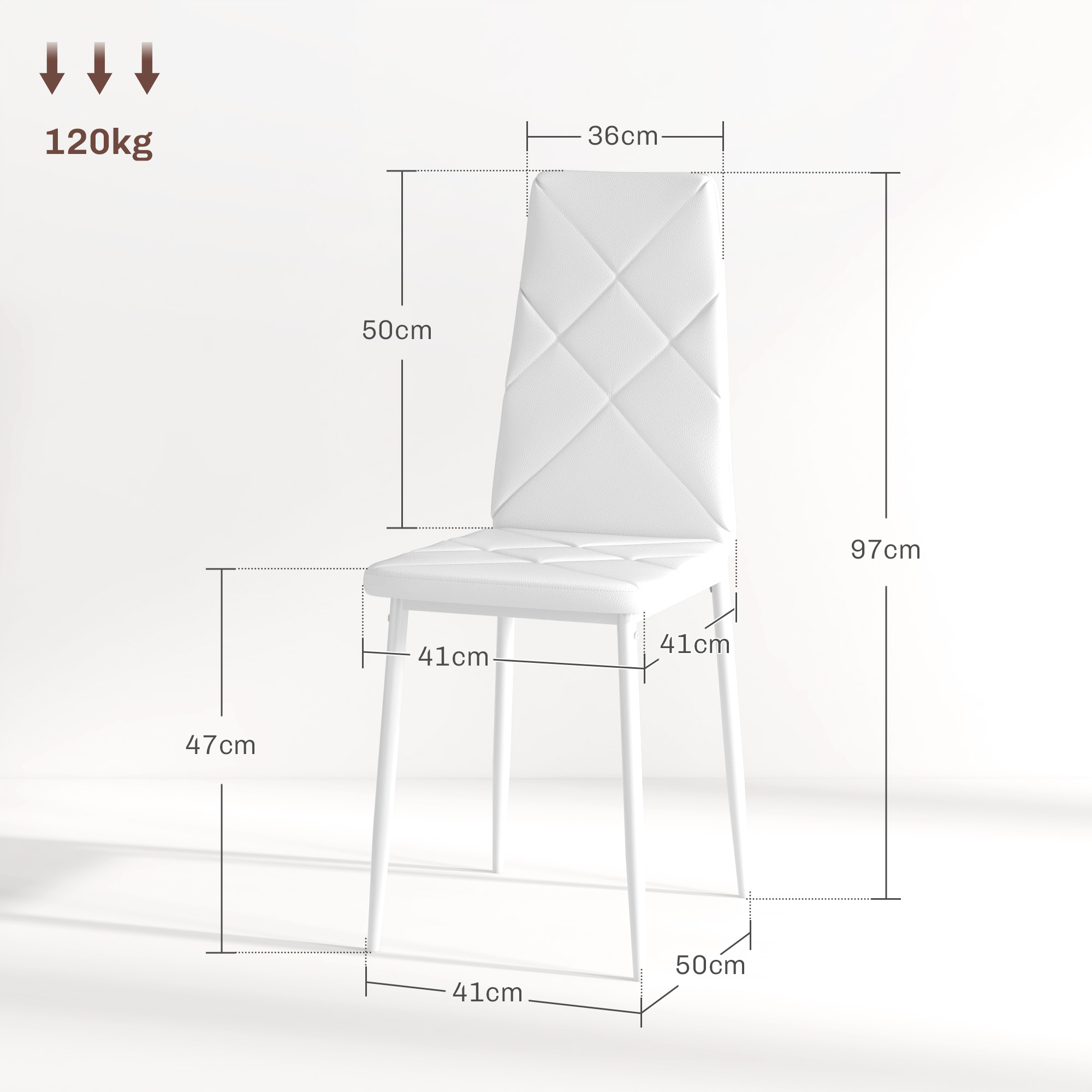 Silla blanca con dimensiones: Alto 97cm, Ancho 36cm, Fondo 41cm.