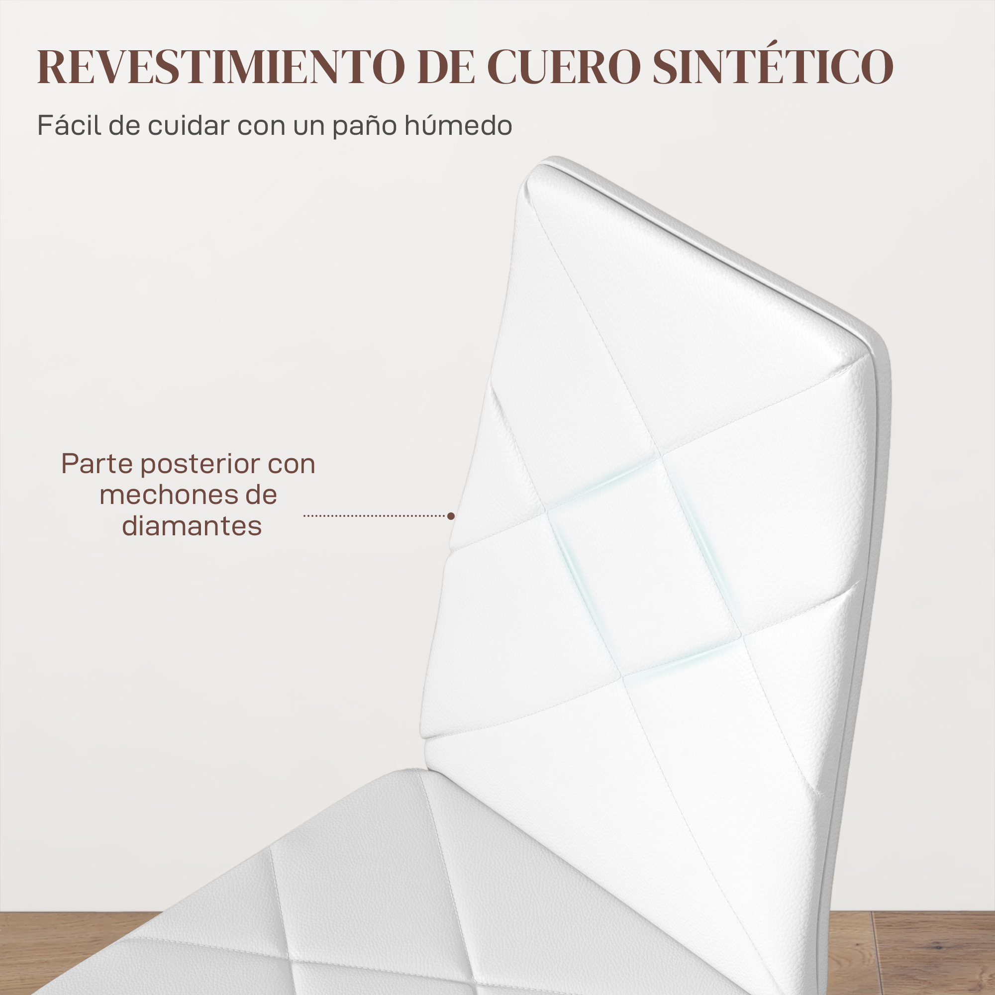 Respaldo de silla blanca de cuero sintético con capitoné de diamantes.