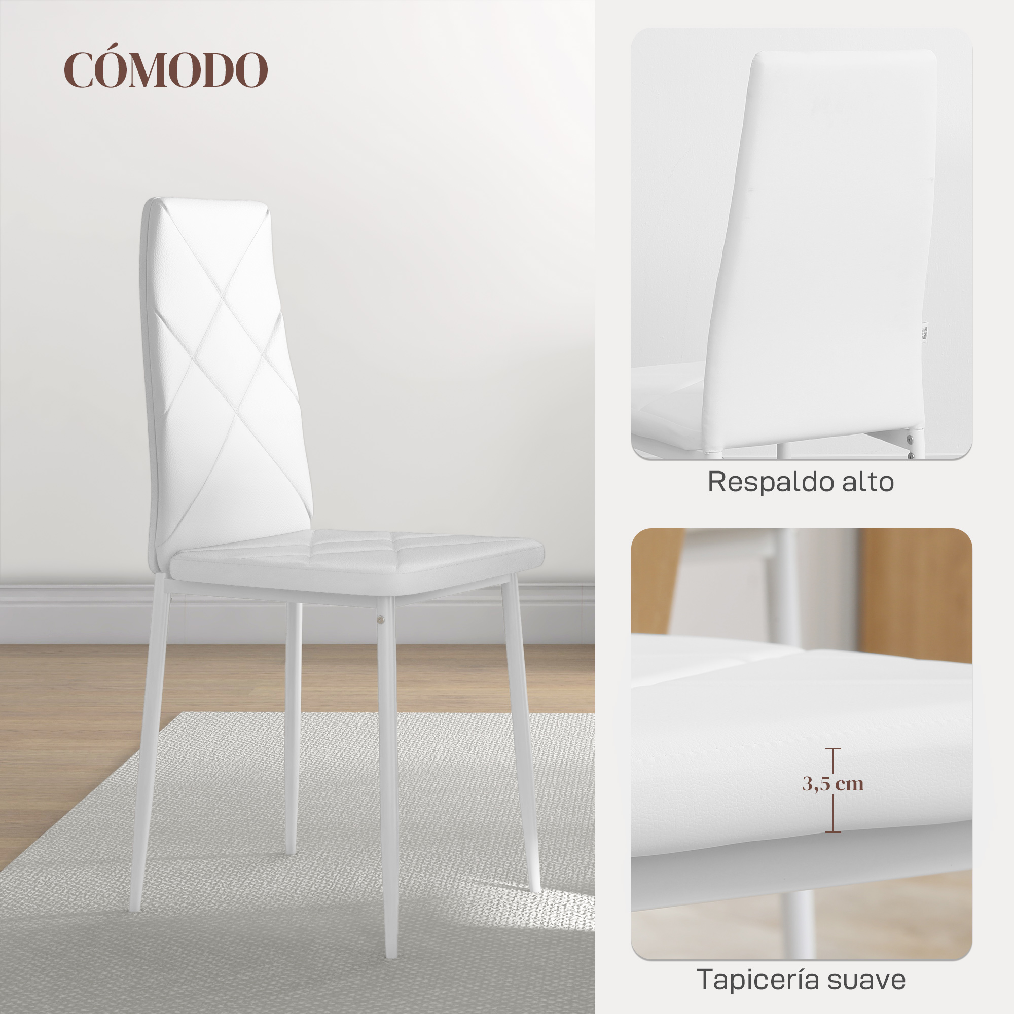 Una silla blanca con respaldo y asiento acolchado descansa sobre una alfombra.