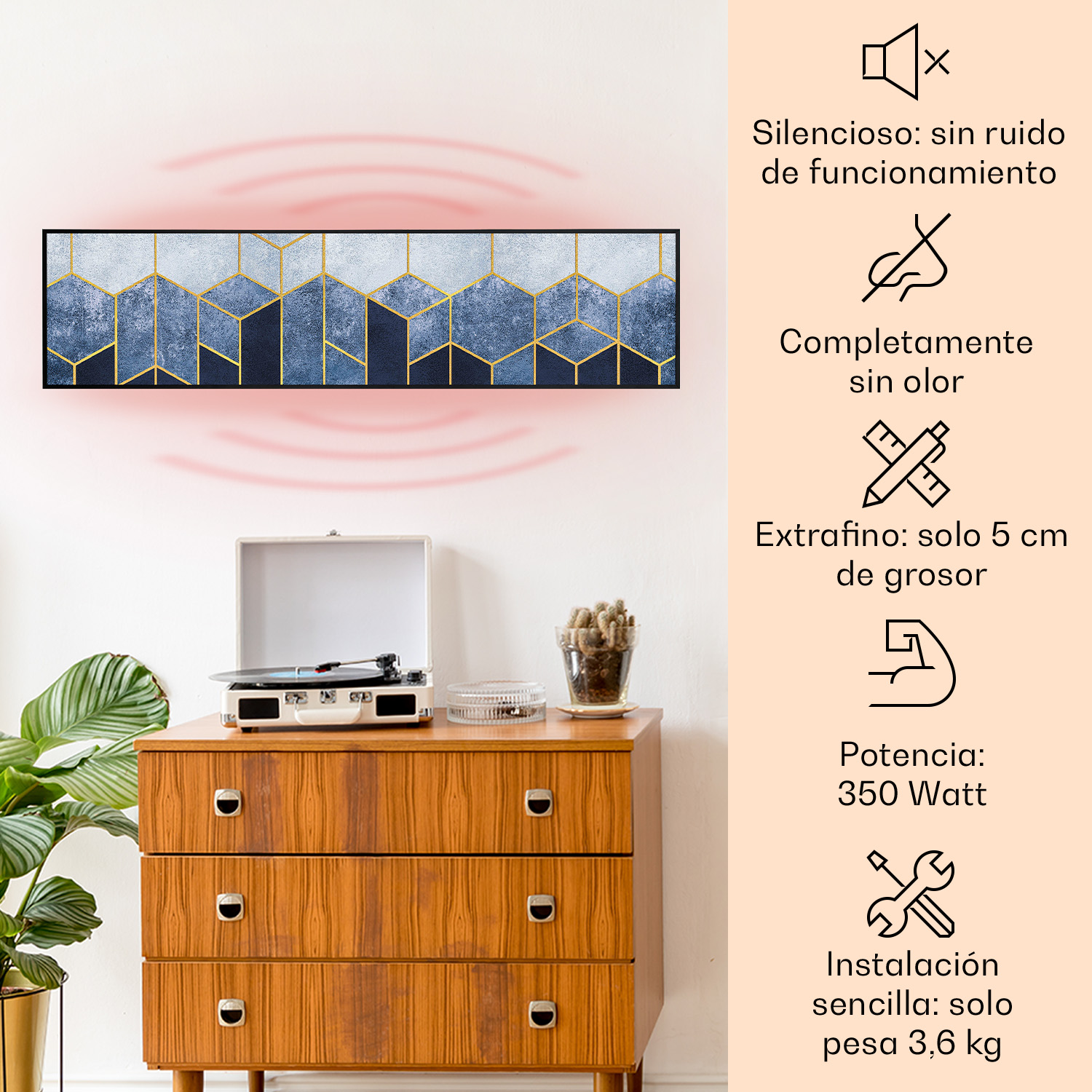 Una stufa a parete con motivo geometrico è appesa sopra una cassettiera in legno con un giradischi.