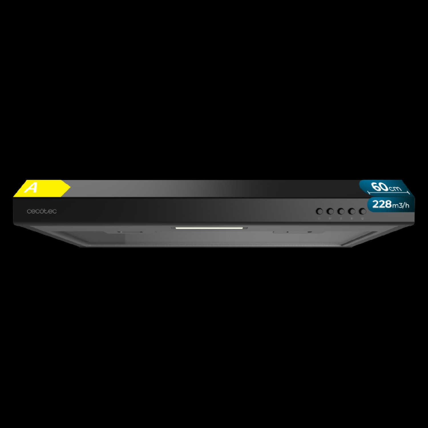 Campana extractora negra con etiqueta energética "A" y 60cm de ancho.