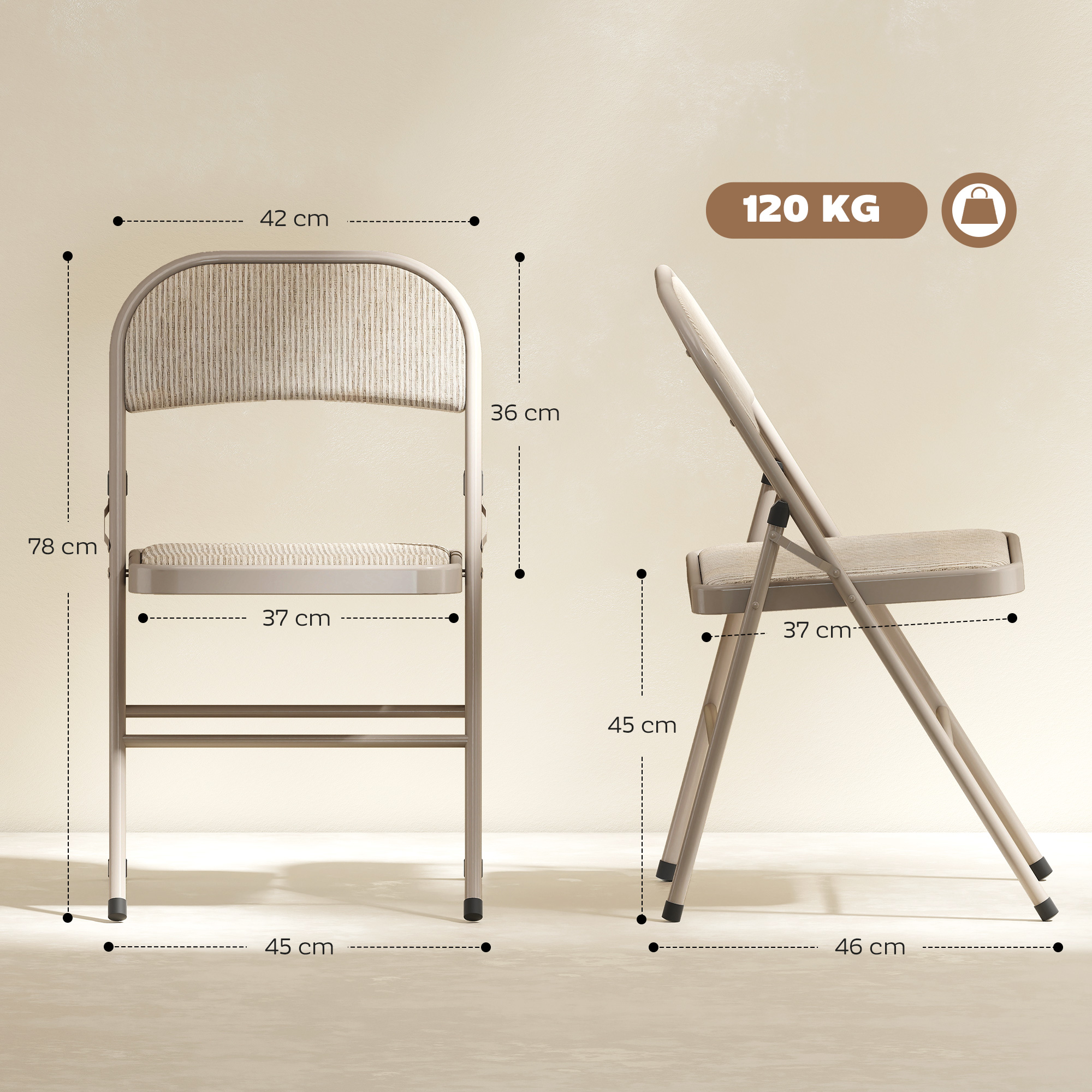 Una silla plegable beige con dimensiones y capacidad de 120 kg.
