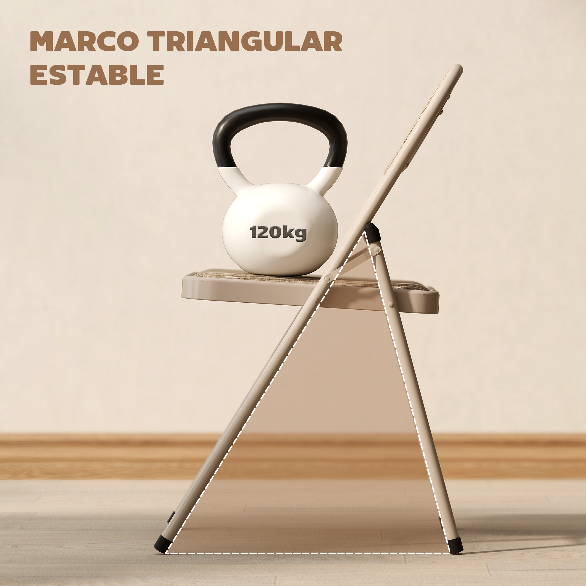 Una pesa rusa blanca de 120 kg descansa sobre una silla plegable marrón claro.