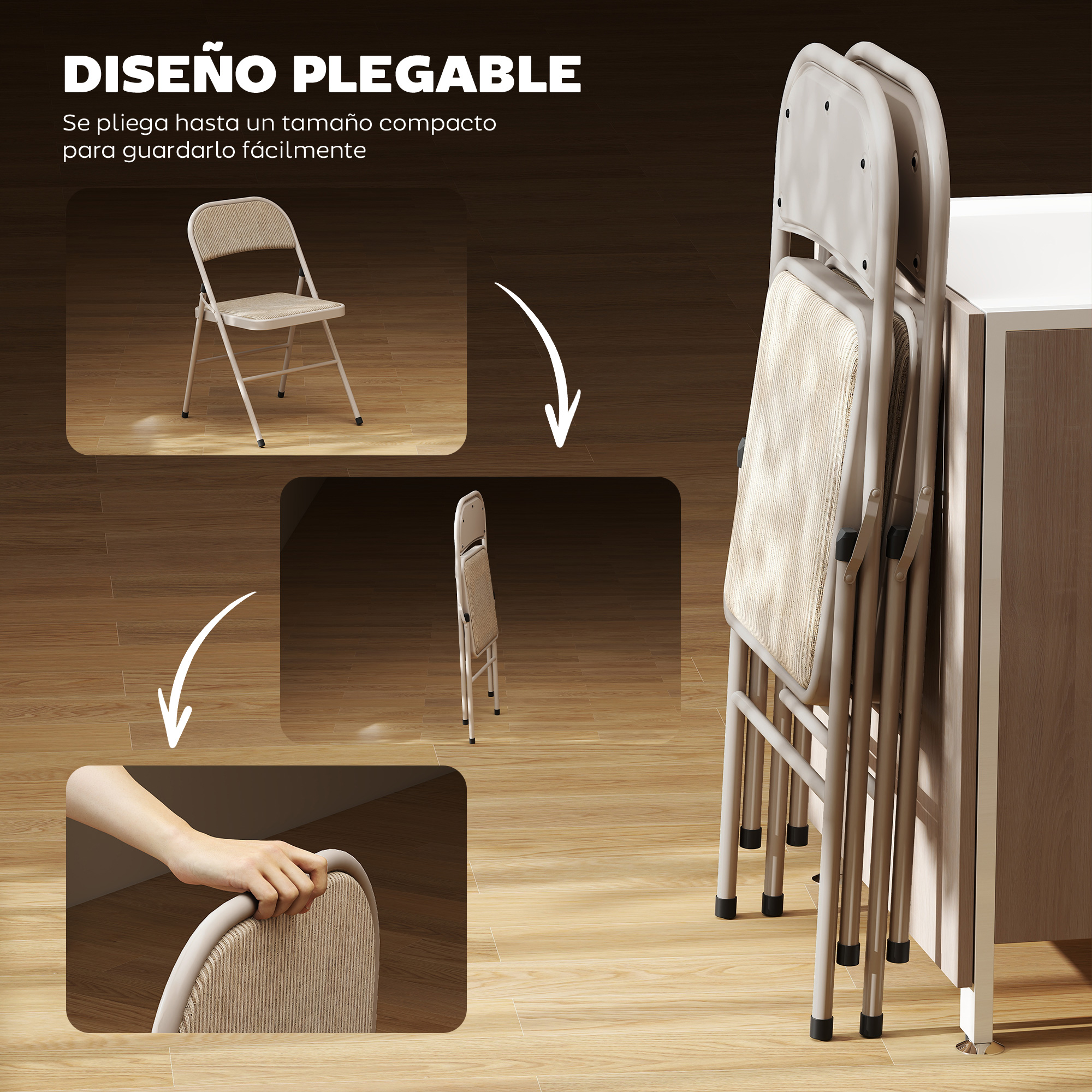 Dos sillas plegables se muestran una al lado de la otra, una abierta y la otra plegada.