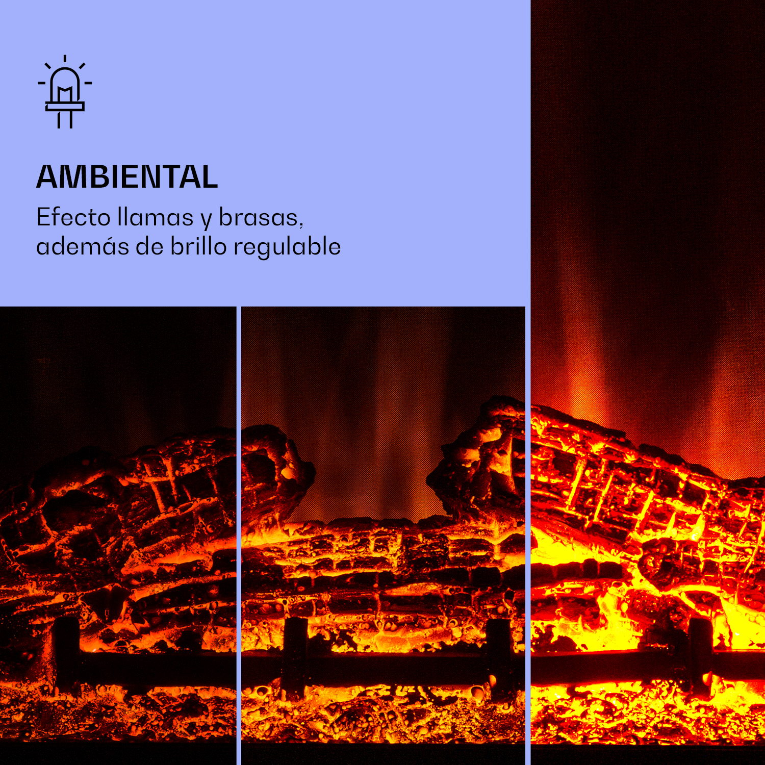 Camino simulato con tronchi e fiamme incandescenti.