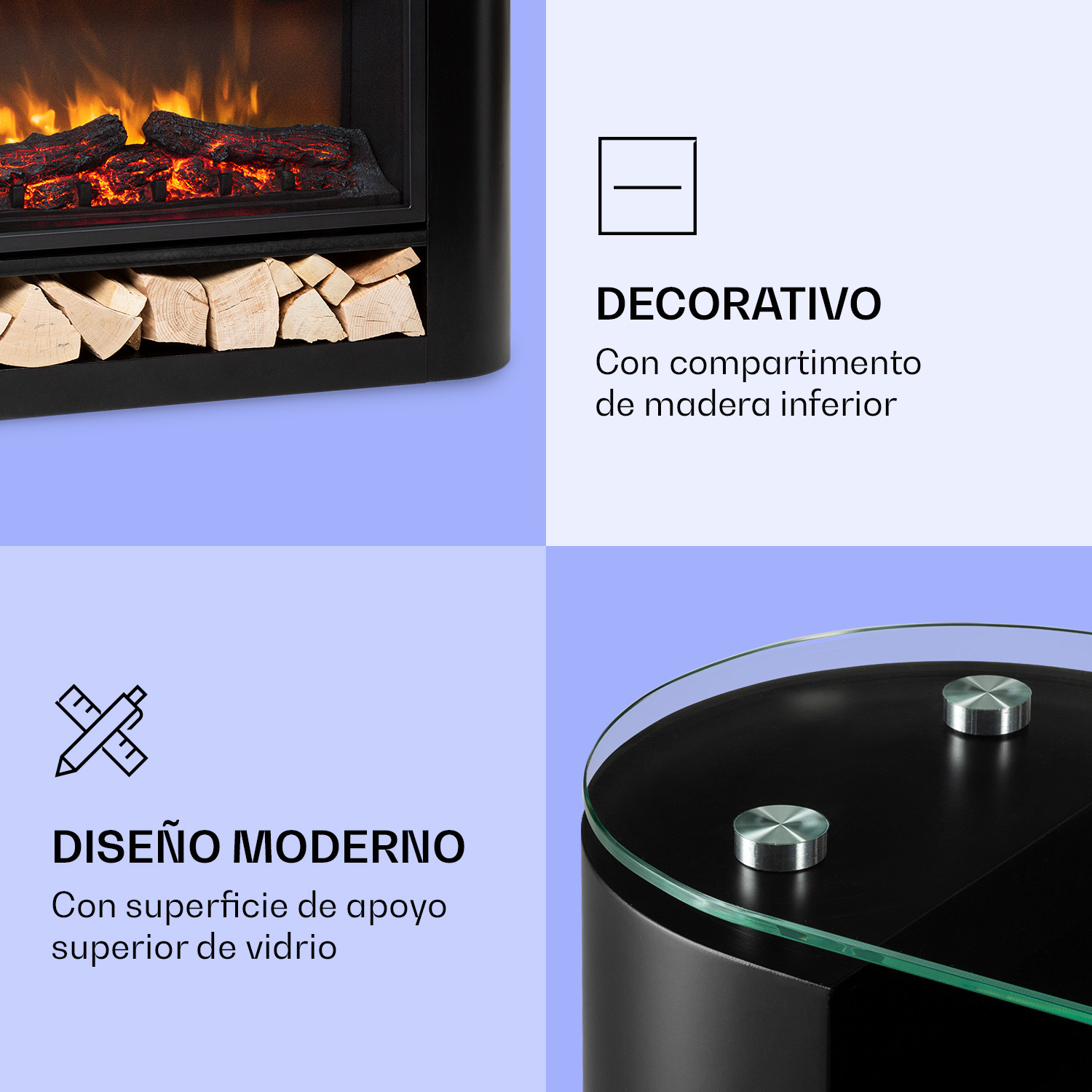 Camino elettrico con vano legna e piano in vetro. Design moderno.