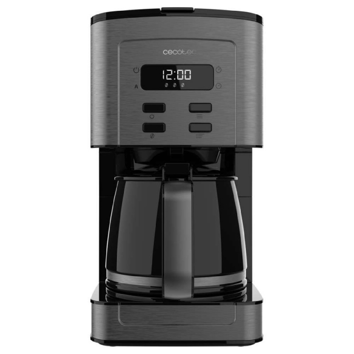 Cafetera gris con jarra de cristal negra y pantalla digital de hora.
