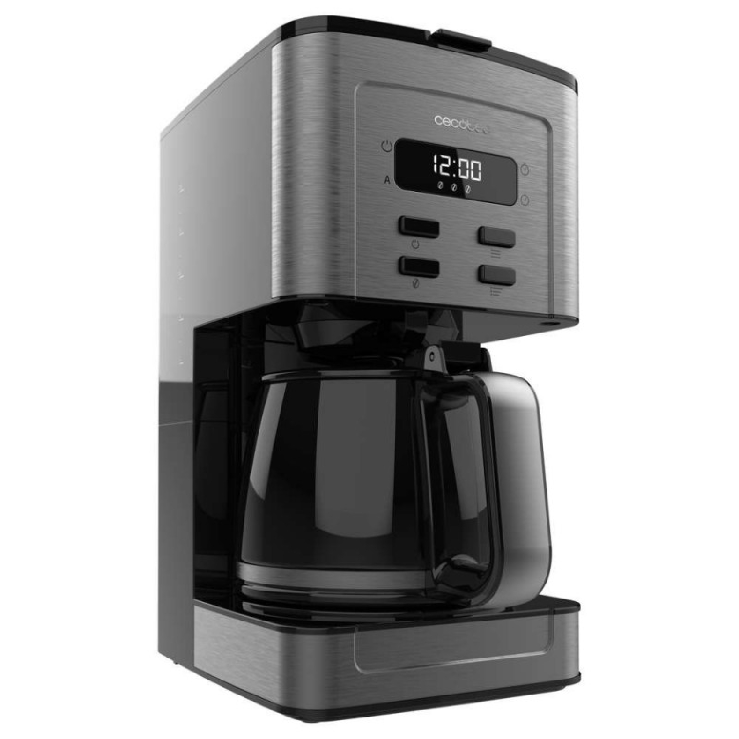 Una cafetera moderna con pantalla digital y jarra de cristal.