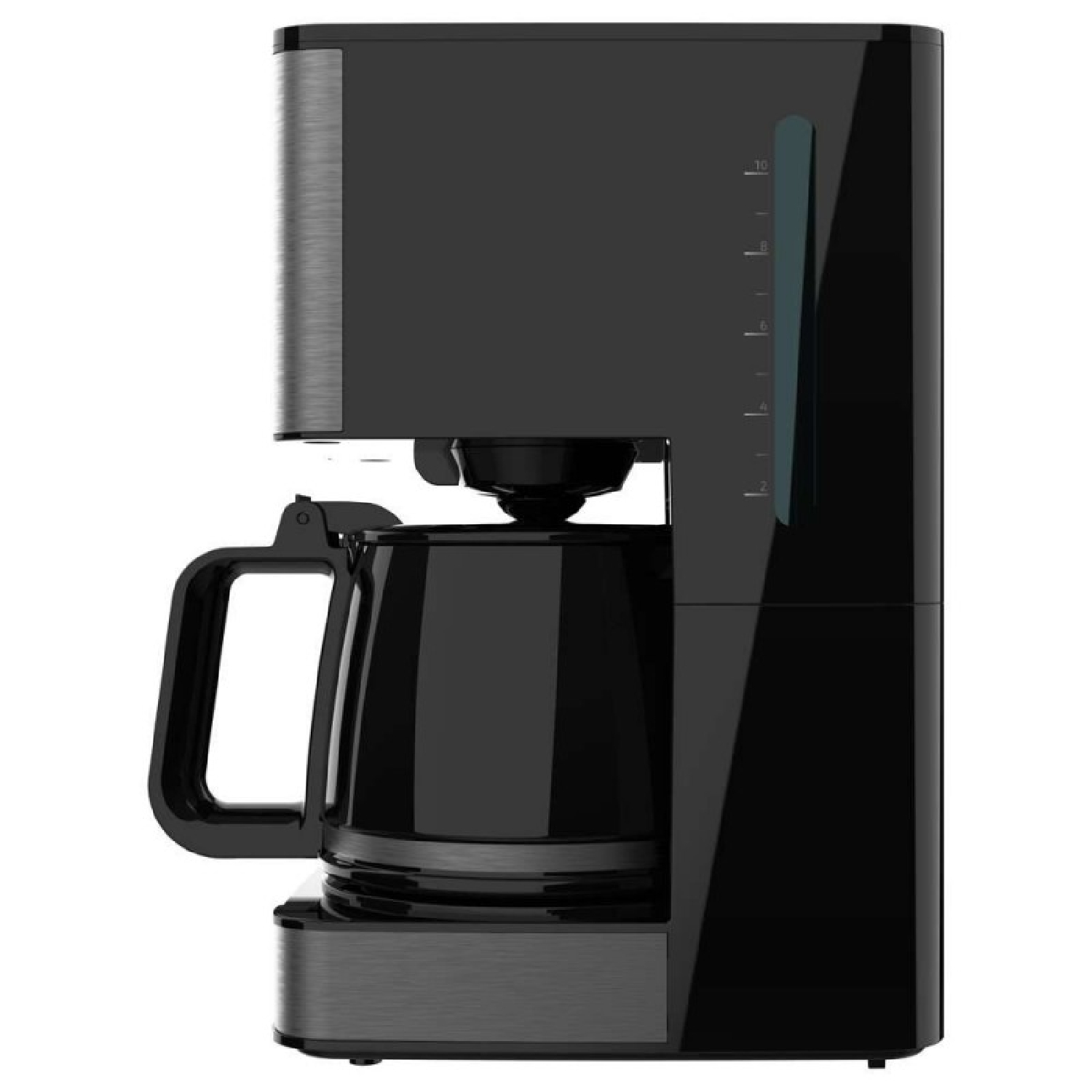 Cafetera negra con jarra de cristal e indicador de nivel de agua.