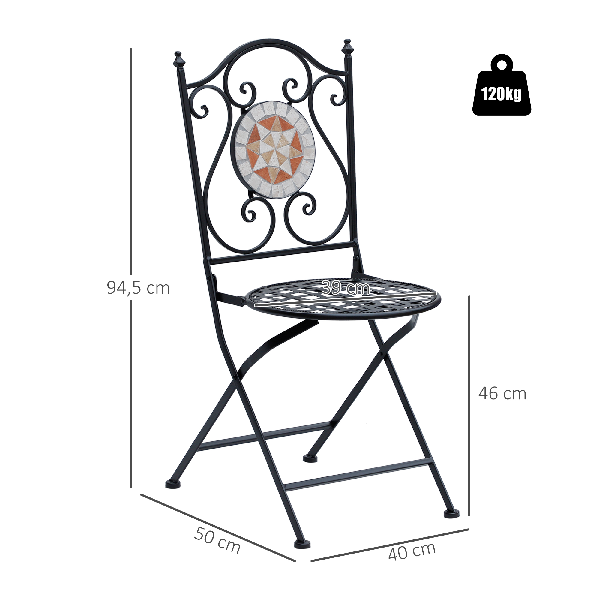 Silla plegable negra con respaldo de mosaico y dimensiones.