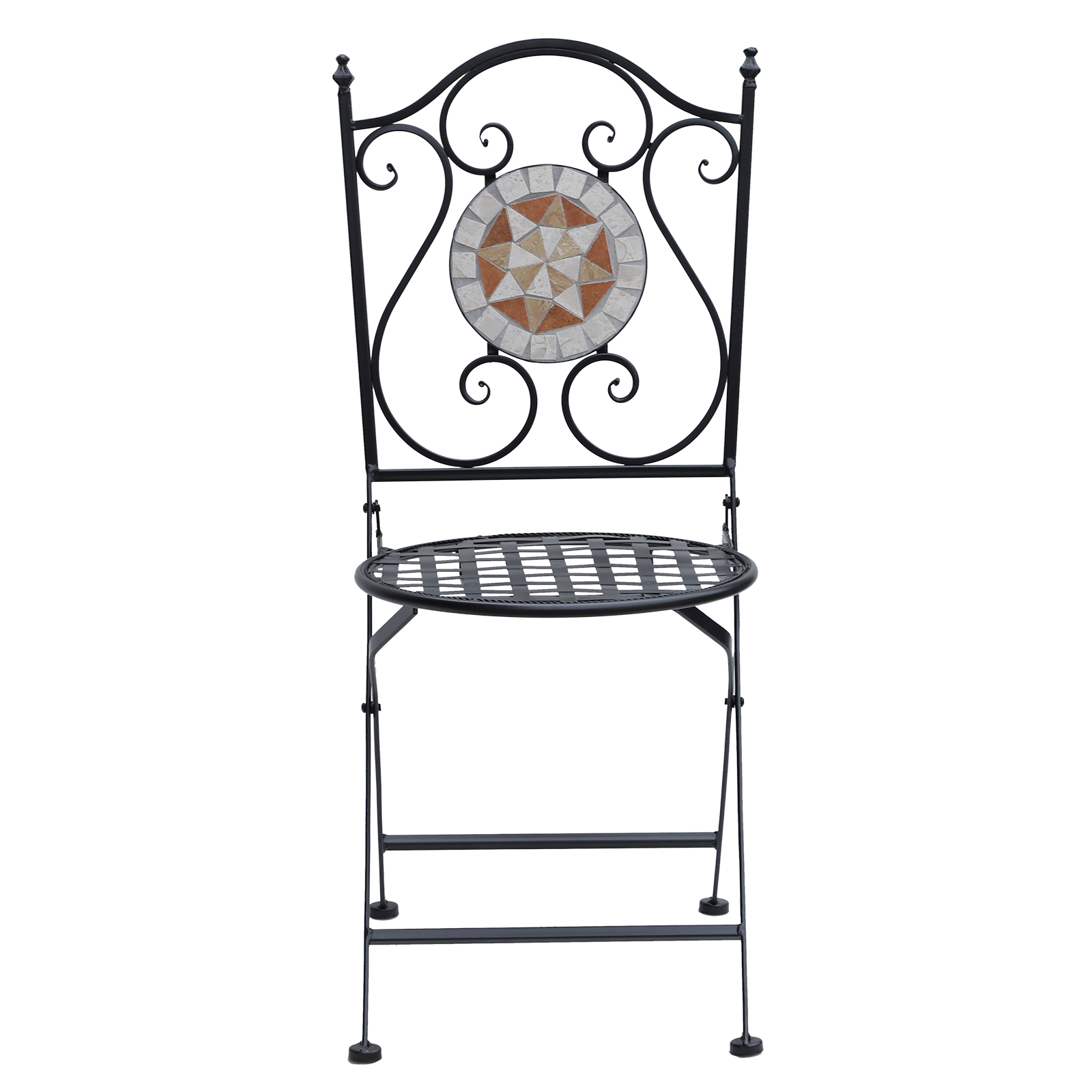 Silla de hierro forjado negra con respaldo de mosaico y asiento enrejado.