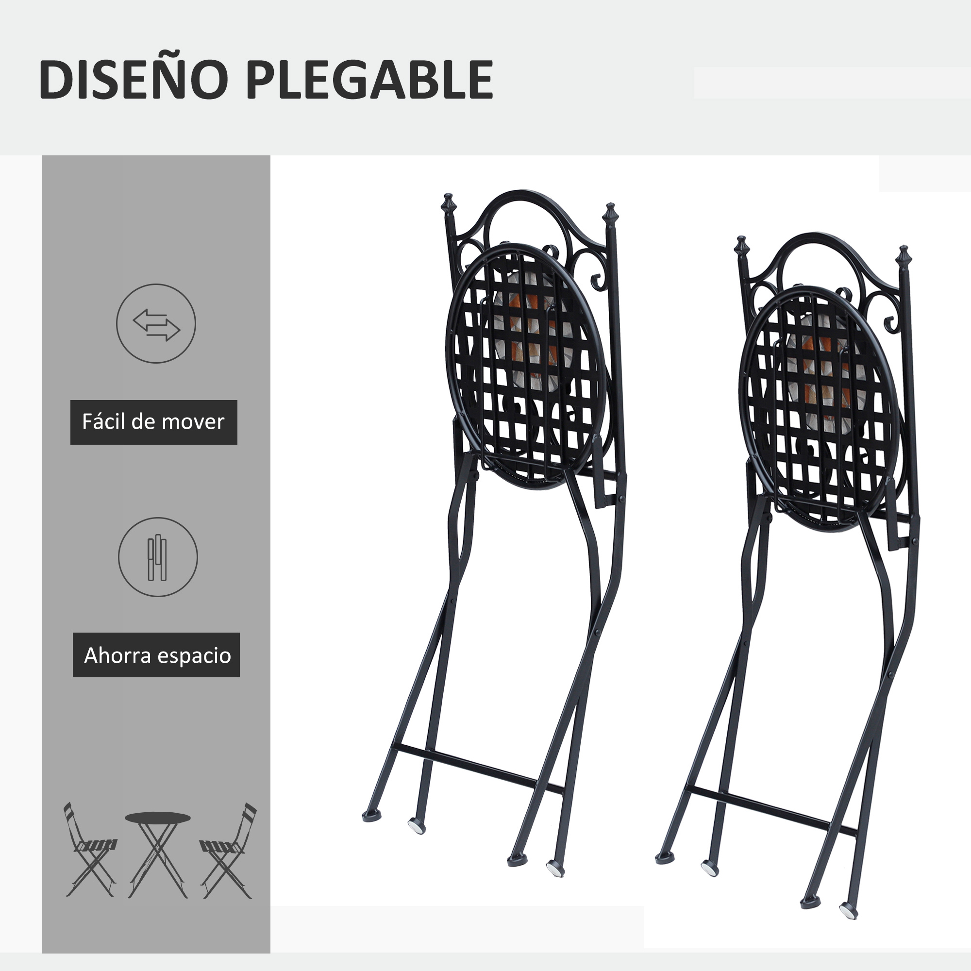 Dos sillas plegables de metal negro con respaldo de celosía redonda, una al lado de la otra.