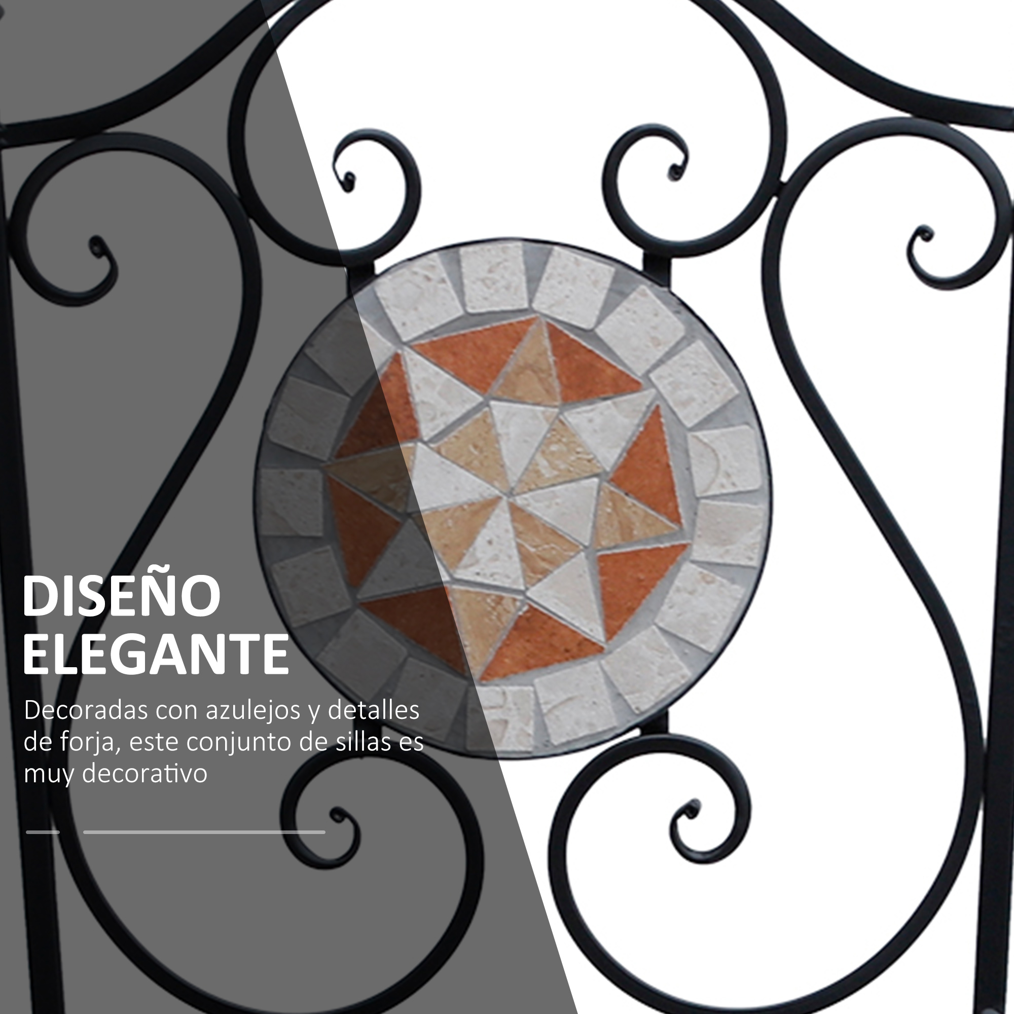 Diseño de forja negro con centro de mosaico naranja y beige.