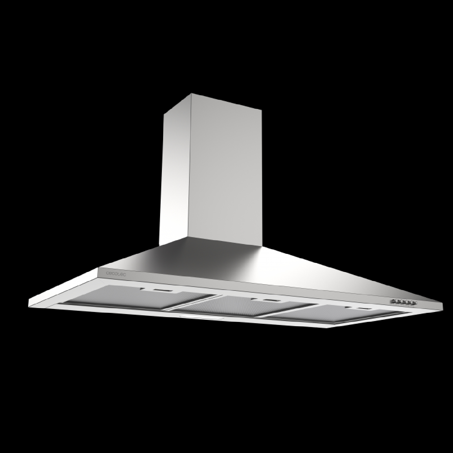 Una campana extractora plateada con chimenea rectangular y botones de control.
