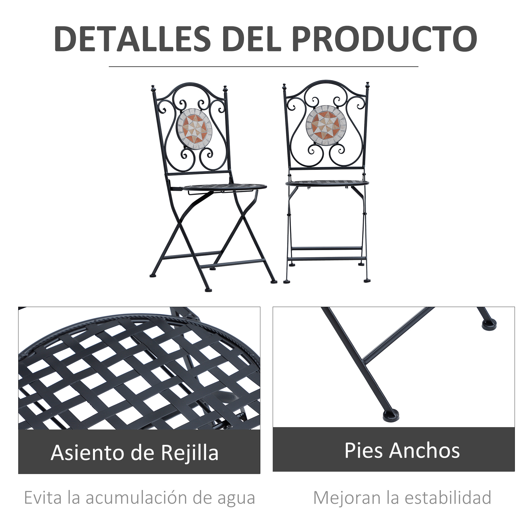Dos sillas plegables negras con respaldos de mosaico y asientos de enrejado.