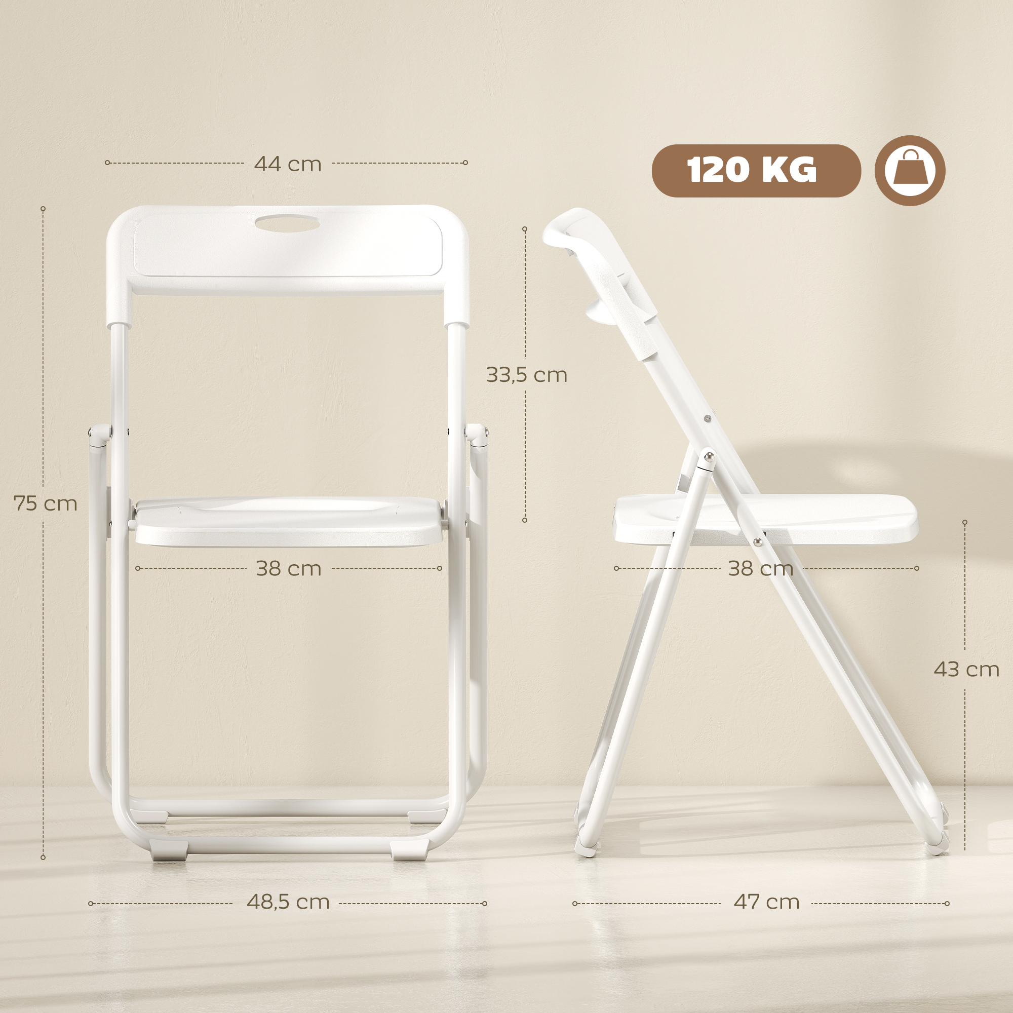 Sillas plegables blancas, vistas de frente y de lado, con medidas y capacidad de 120 kg.
