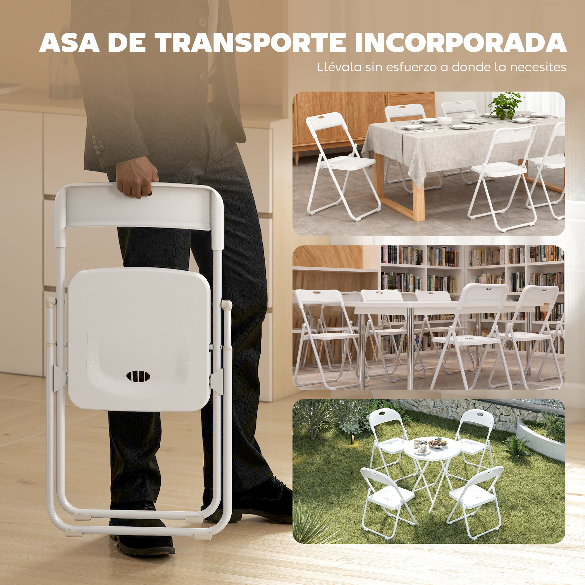 Hombre lleva silla plegable blanca. Varias sillas plegables blancas junto a mesa, estantería y al aire libre.