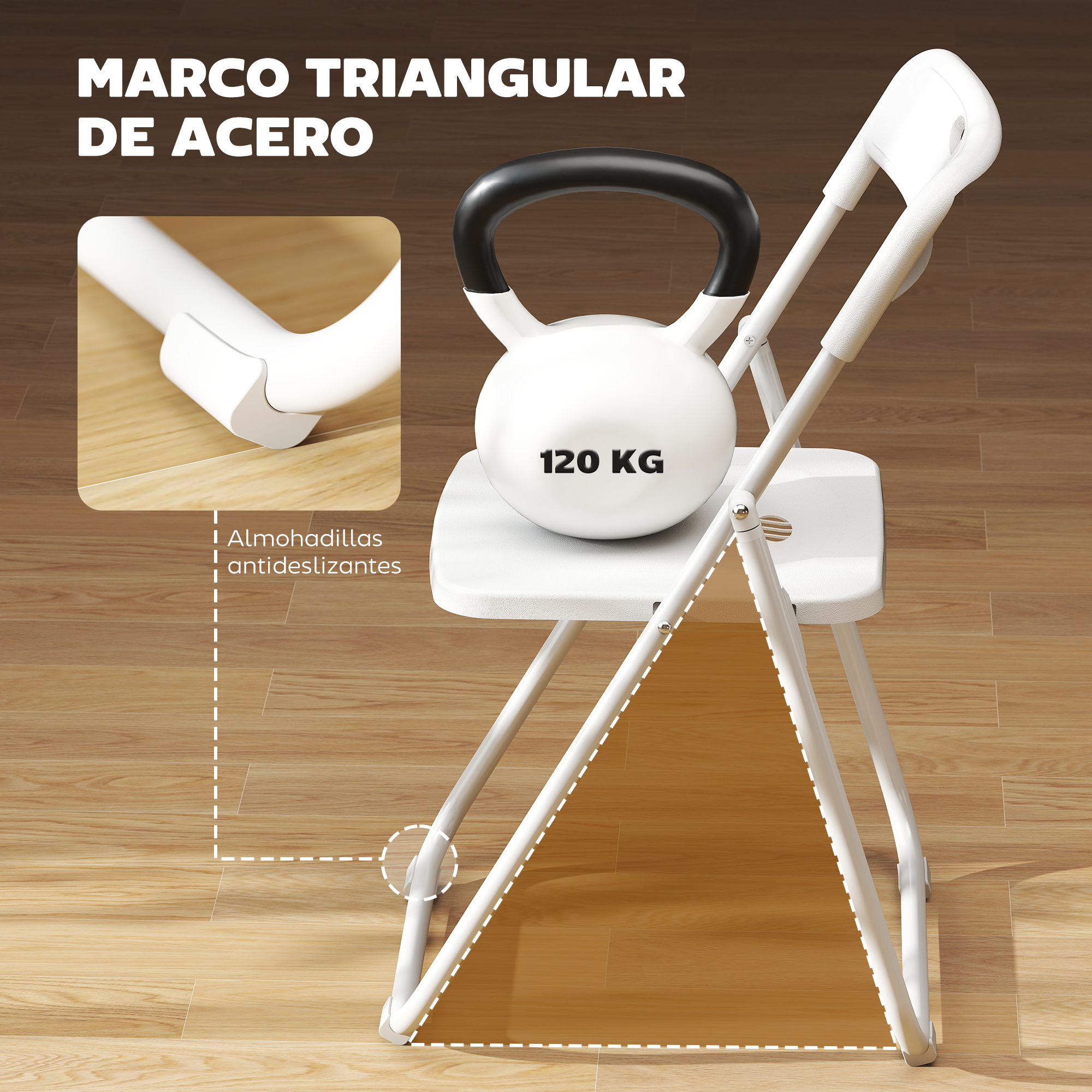 Una silla plegable blanca con una pesa rusa de 120 kg encima, sobre suelo de madera.