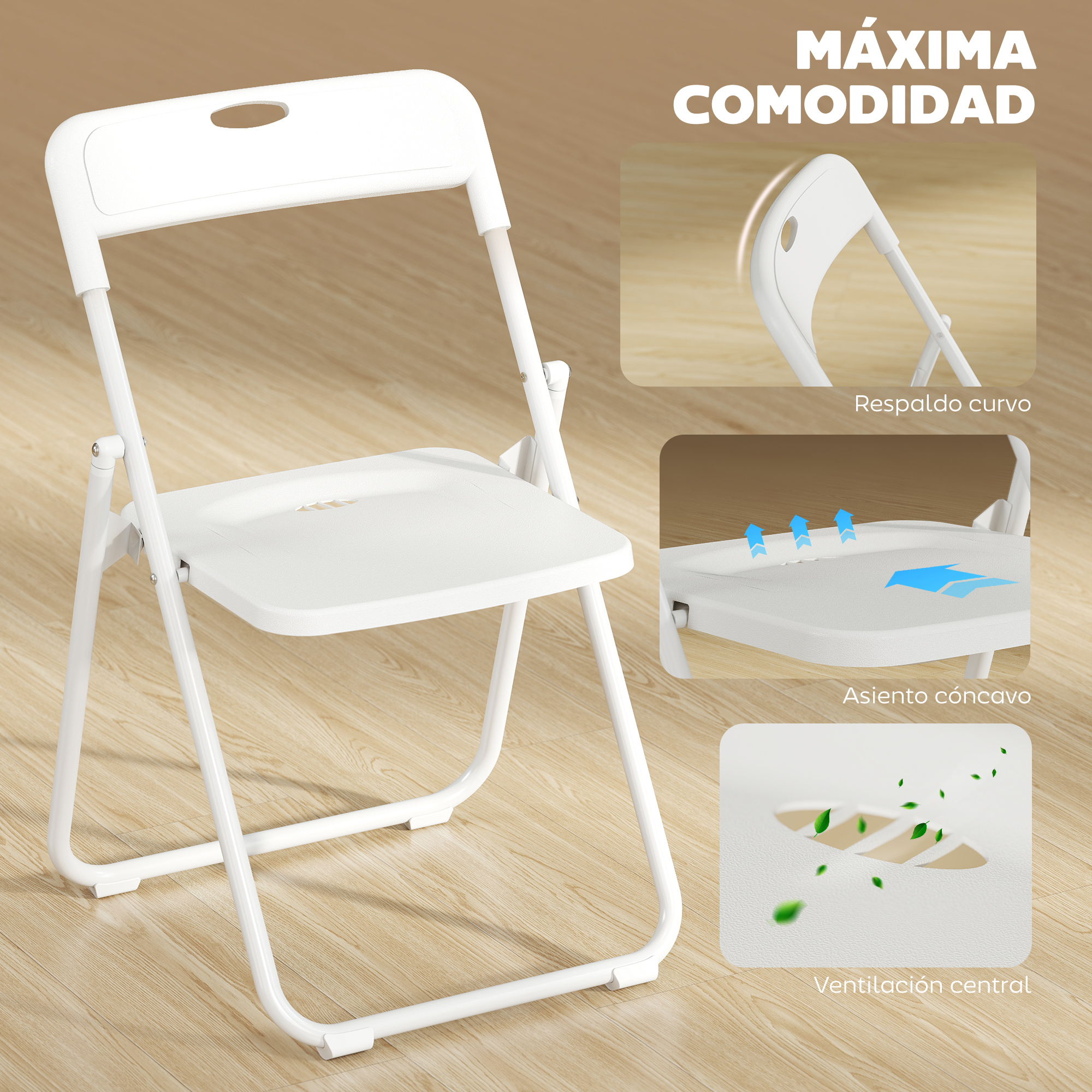 Una silla plegable blanca con respaldo curvo y asiento ventilado.