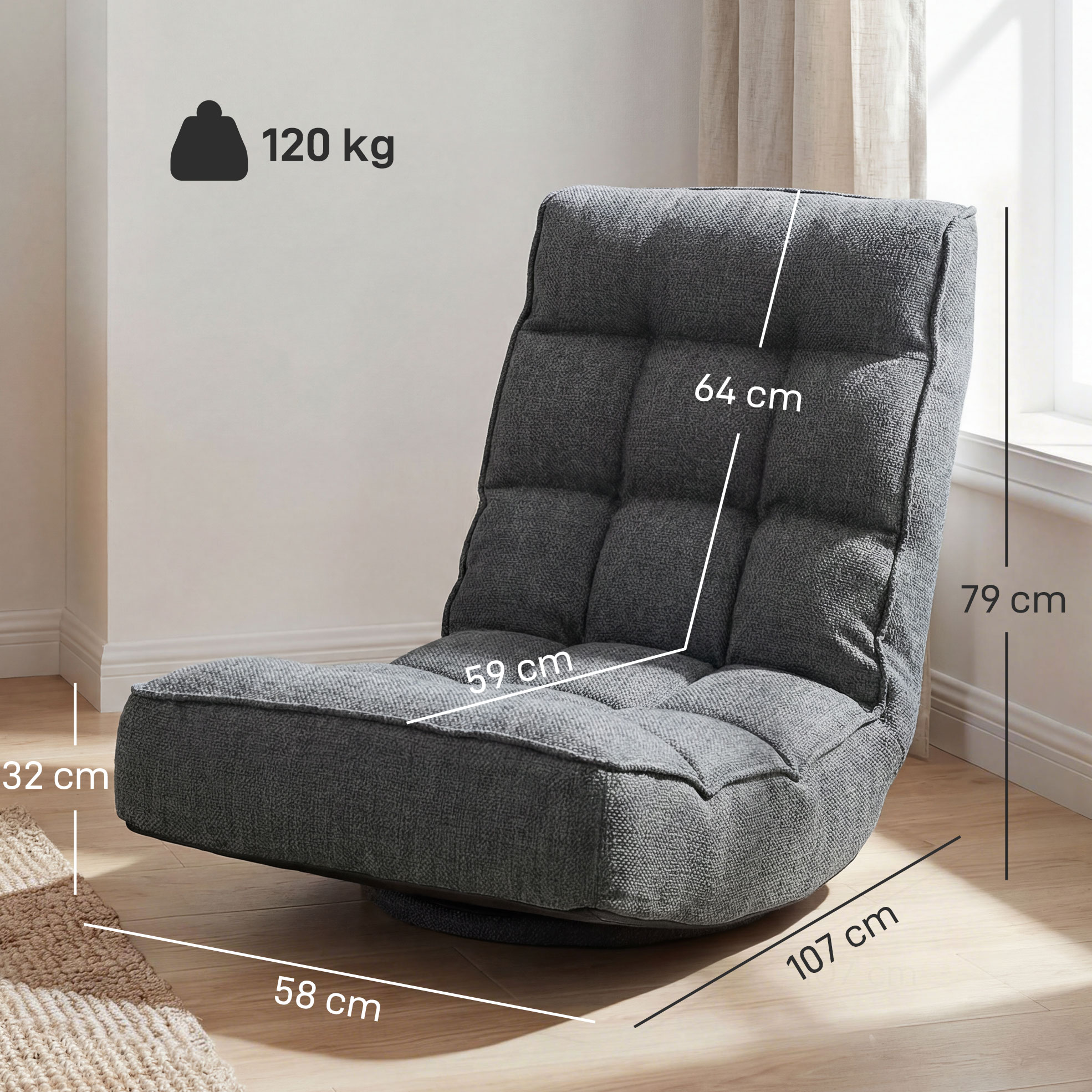 Silla giratoria gris con dimensiones. Capacidad 120 kg.