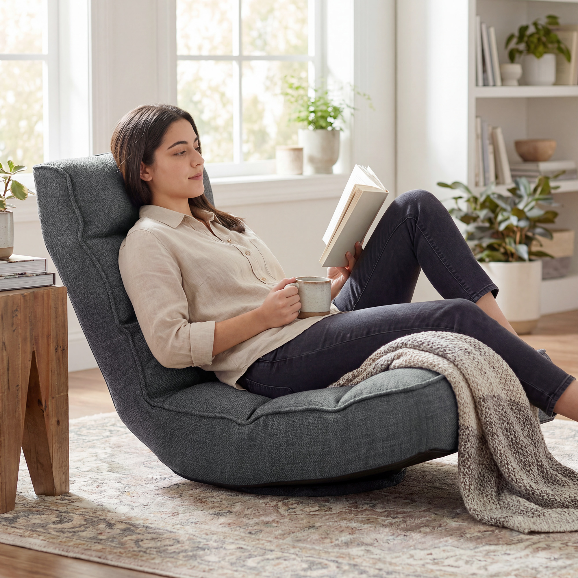 Una mujer lee un libro y bebe de una taza sentada en un sillón oscuro.