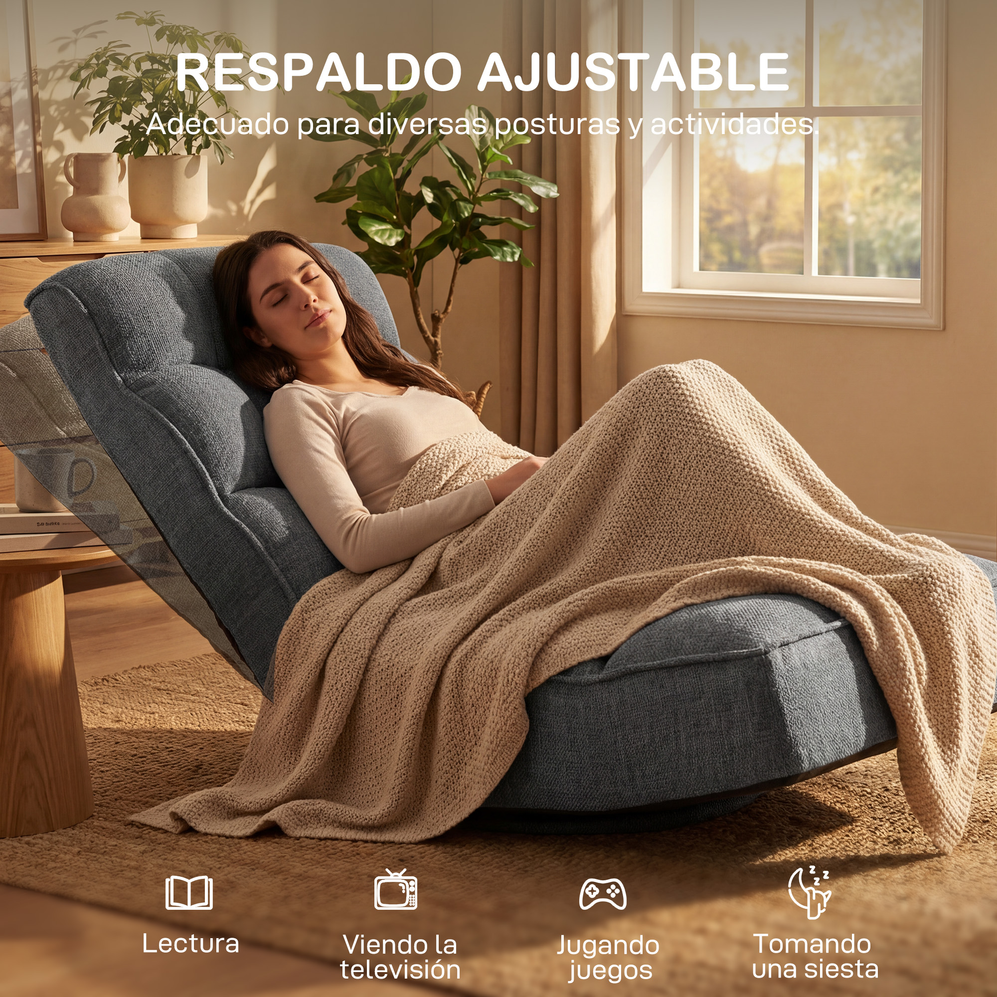 Una mujer duerme en un sillón azul cubierto por una manta.