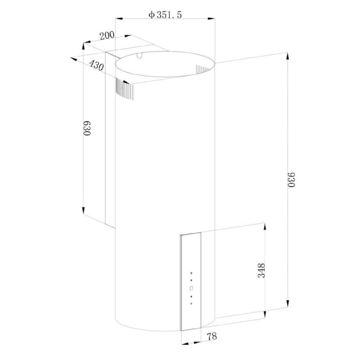 Dibujo técnico de una campana extractora con dimensiones.