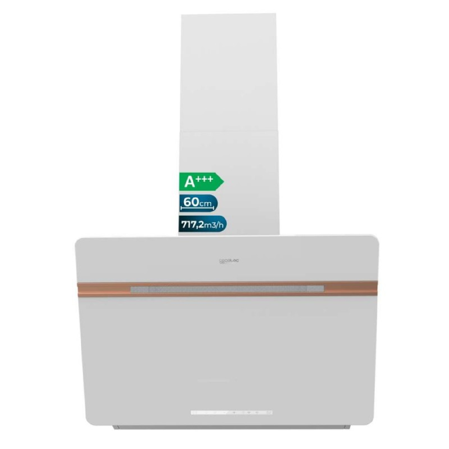 Una campana extractora blanca con borde de cobre y etiquetas de eficiencia energética.