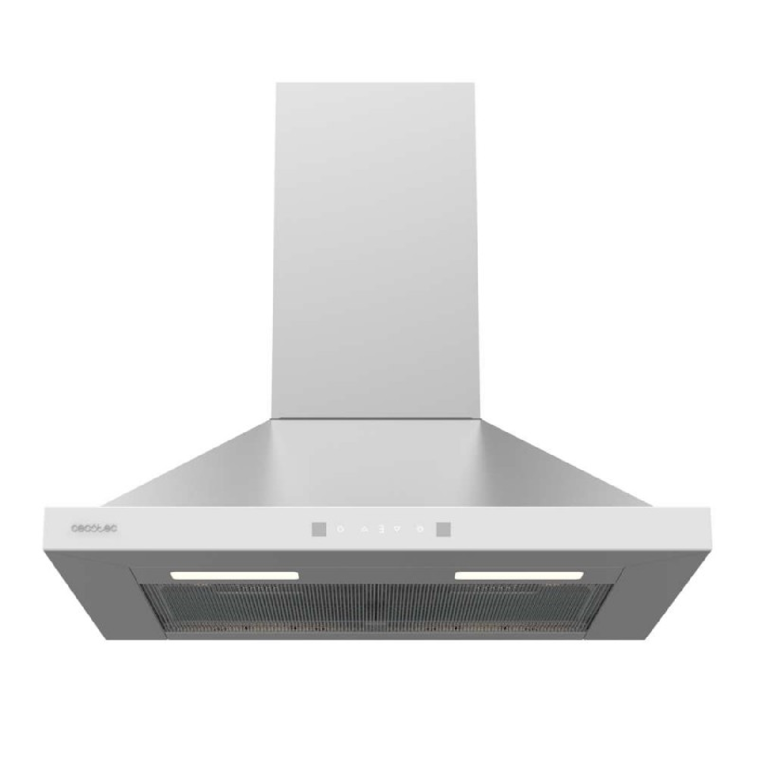 Una campana extractora de metal blanca con detalles plateados y botones de control.