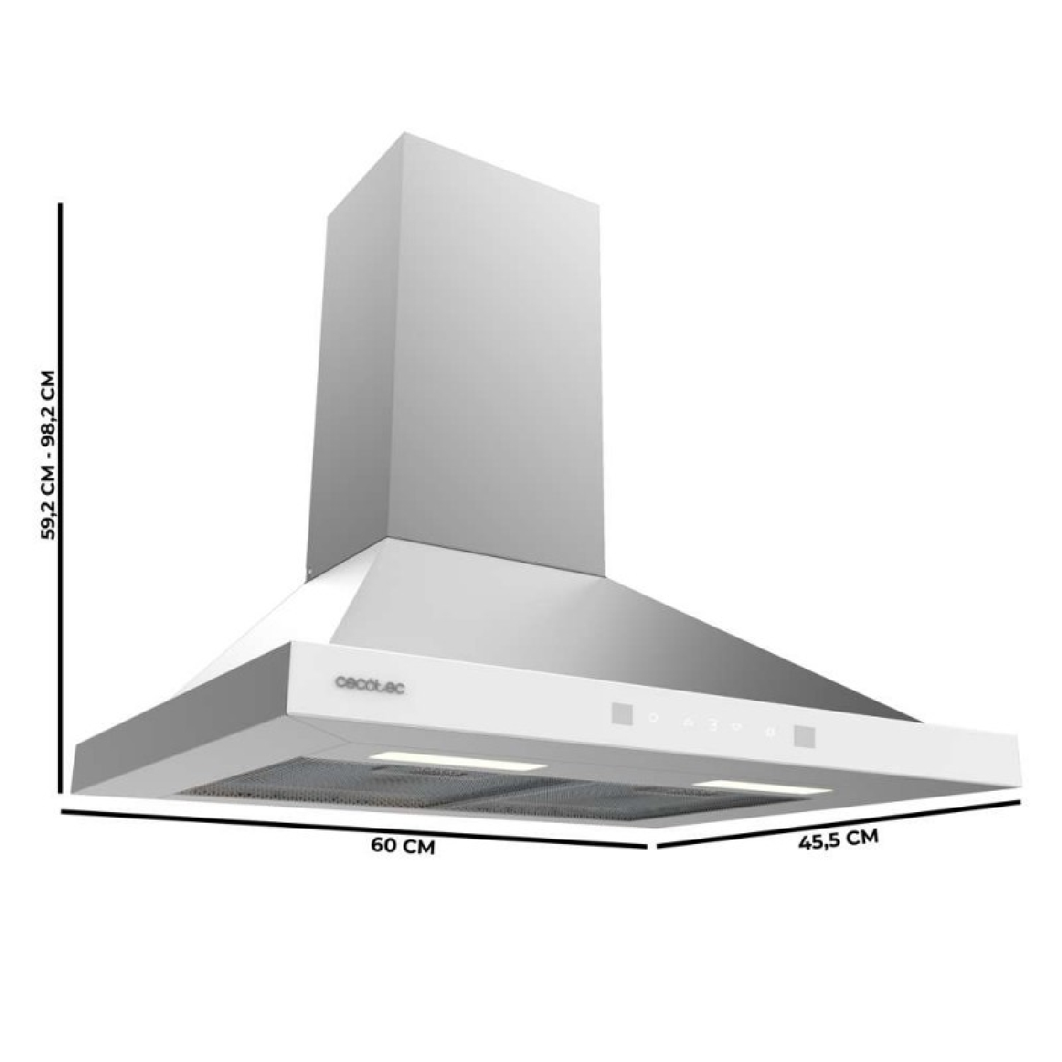 Una campana extractora blanca con detalles de acero inoxidable y panel de control. Dimensiones indicadas.
