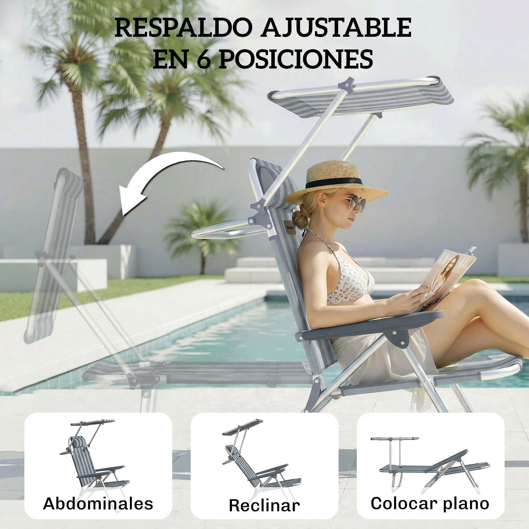 Mujer en bikini lee junto a la piscina en tumbona ajustable con toldo.