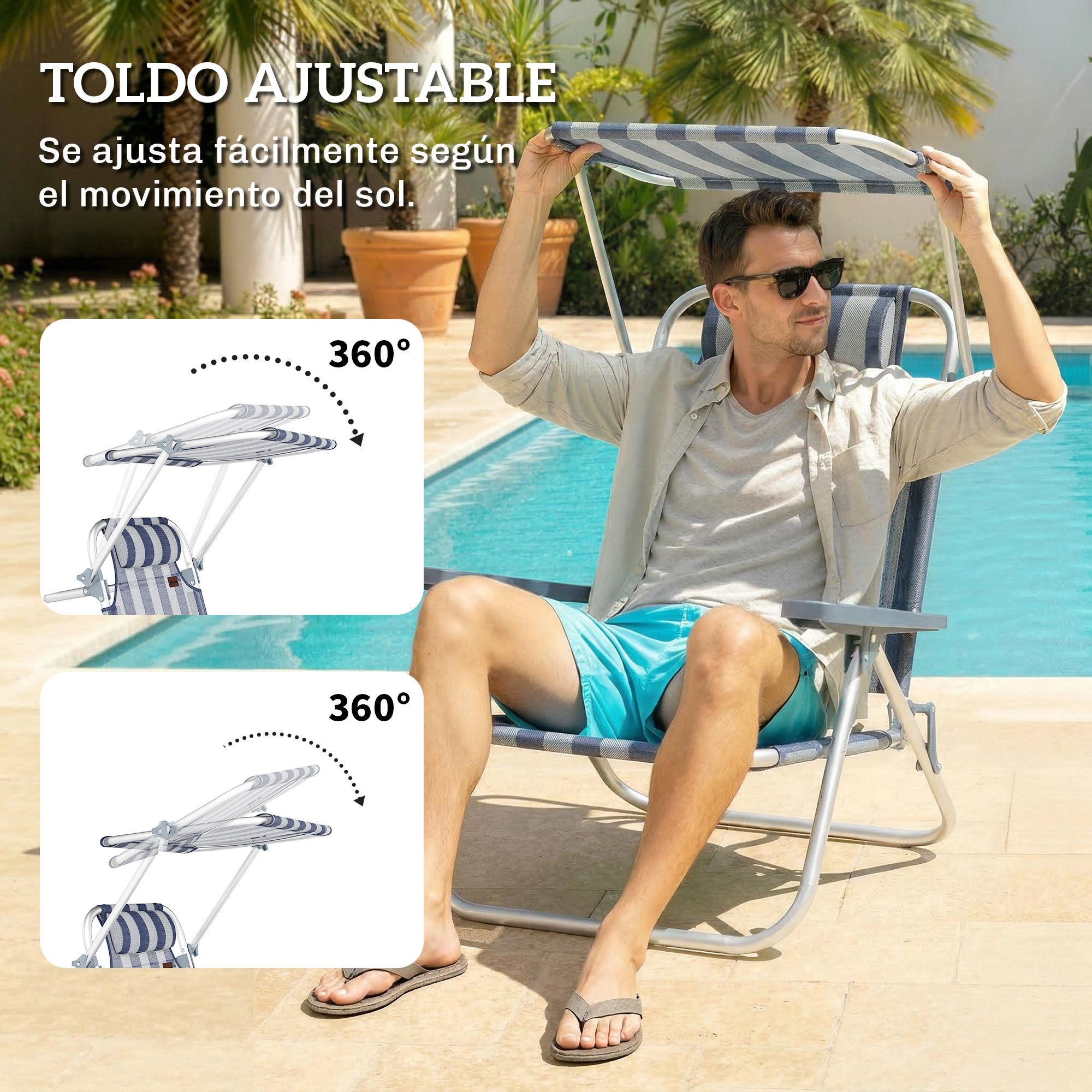 Hombre sentado en silla de playa junto a piscina, ajustando toldo.