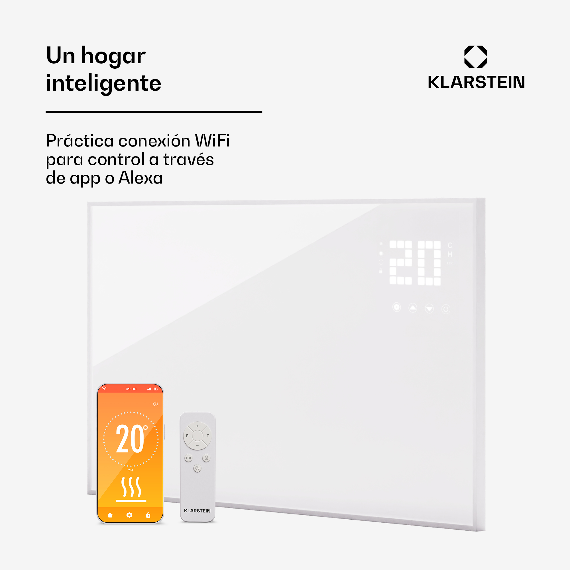 Un riscaldatore bianco con telecomando e app per smartphone che mostra 20 gradi.