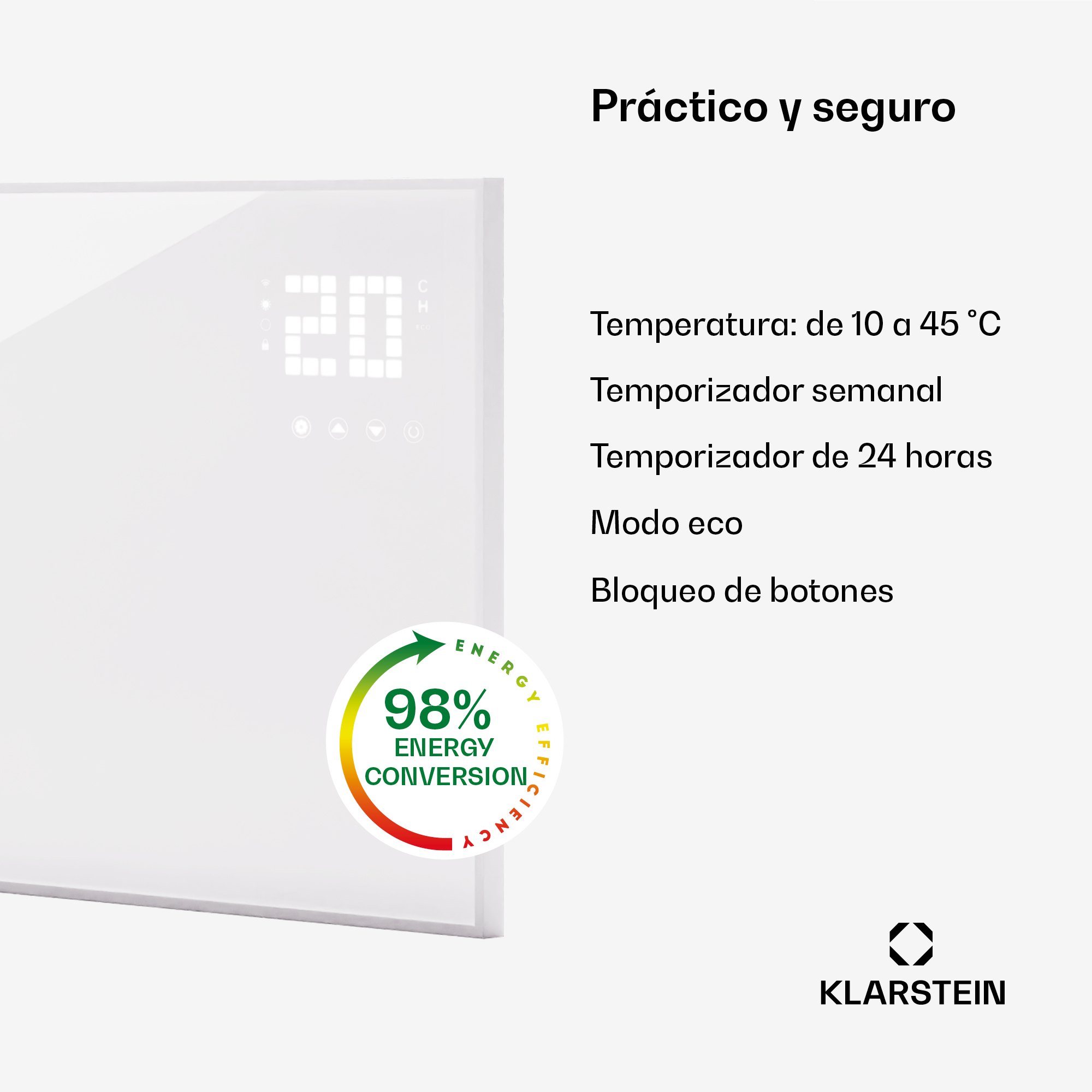 Un riscaldatore bianco con display digitale mostra 20°C. Efficienza energetica 98%.