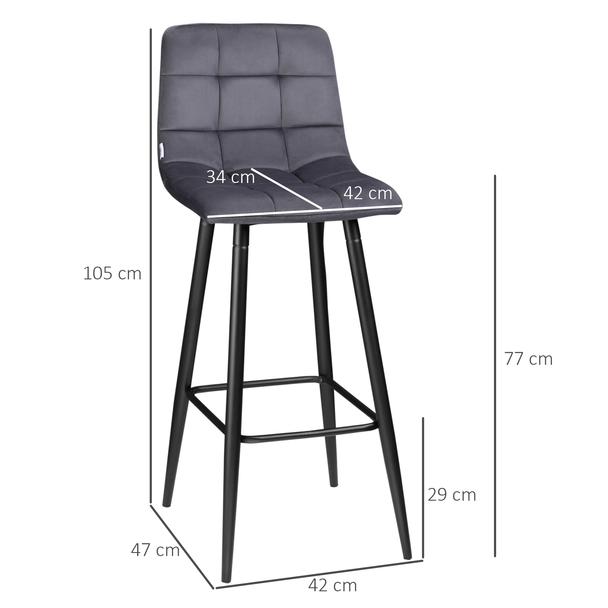 Taburete de bar gris con asiento acolchado, patas negras y dimensiones.