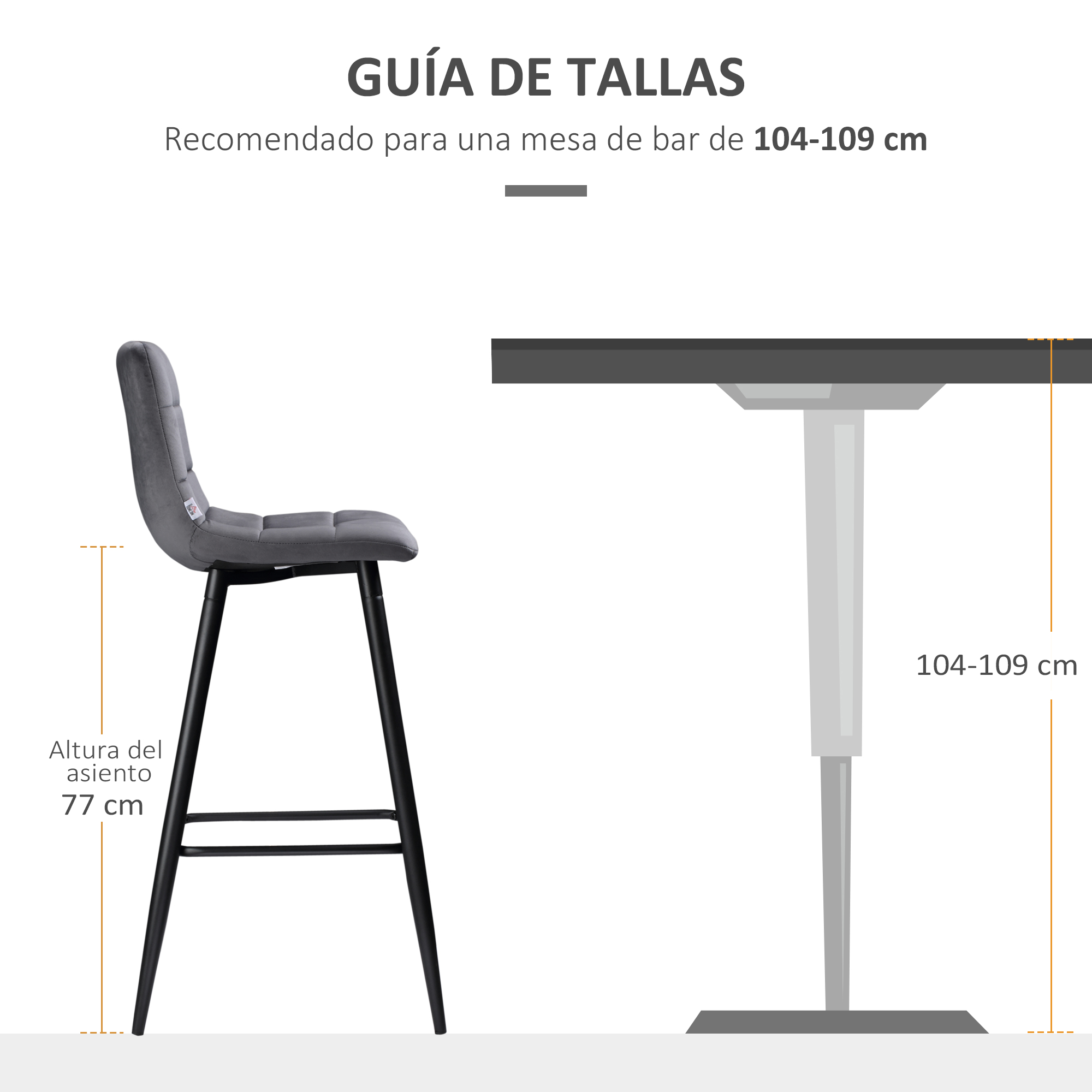 Taburete gris junto a una mesa. Altura asiento 77 cm, altura mesa 104-109 cm.