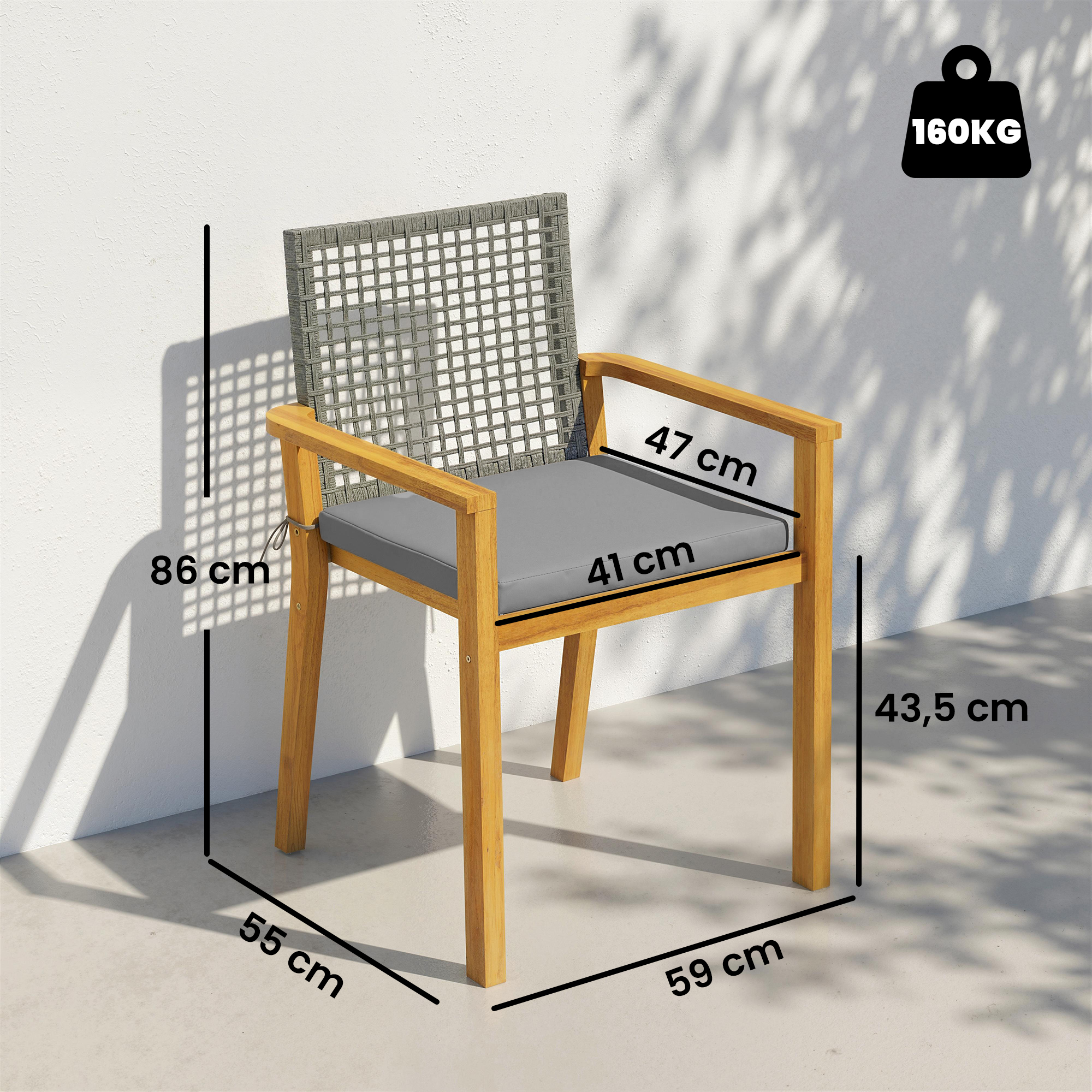 Silla de madera con cojín gris, capacidad 160kg.