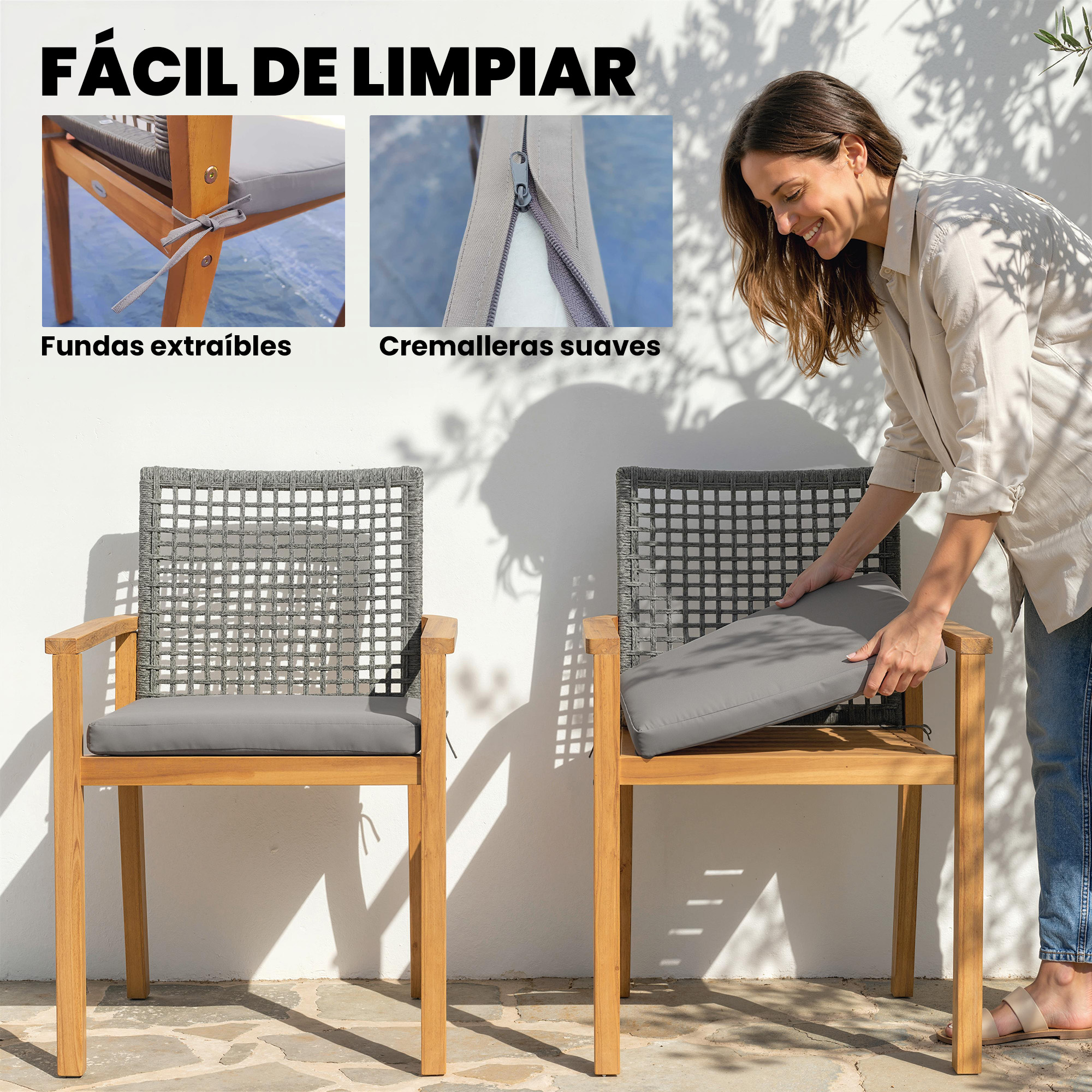 Mujer pone cojín gris en silla de madera con tejido gris. Texto: "FÁCIL DE LIMPIAR."