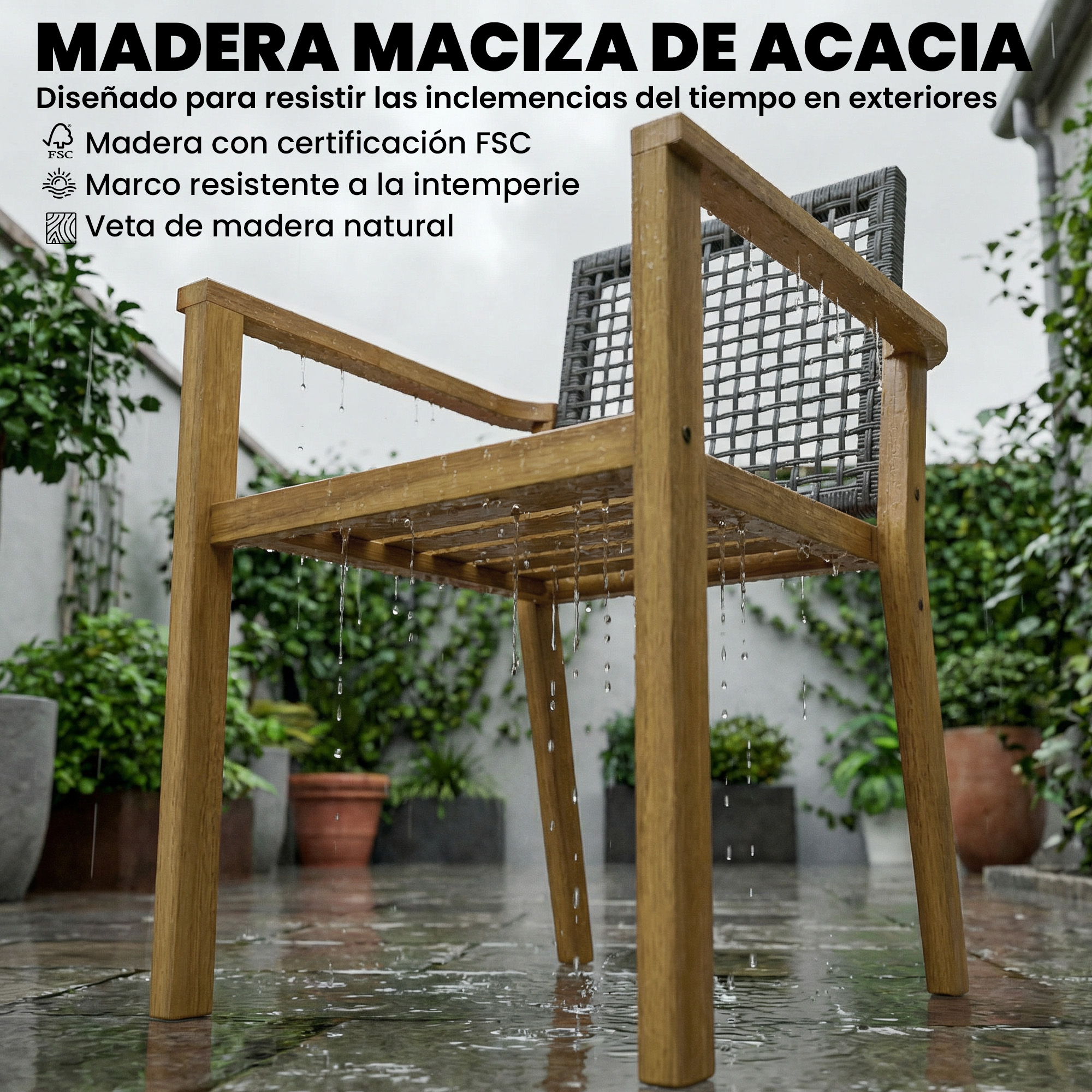 Silla de madera con mimbre gris bajo la lluvia en un patio.