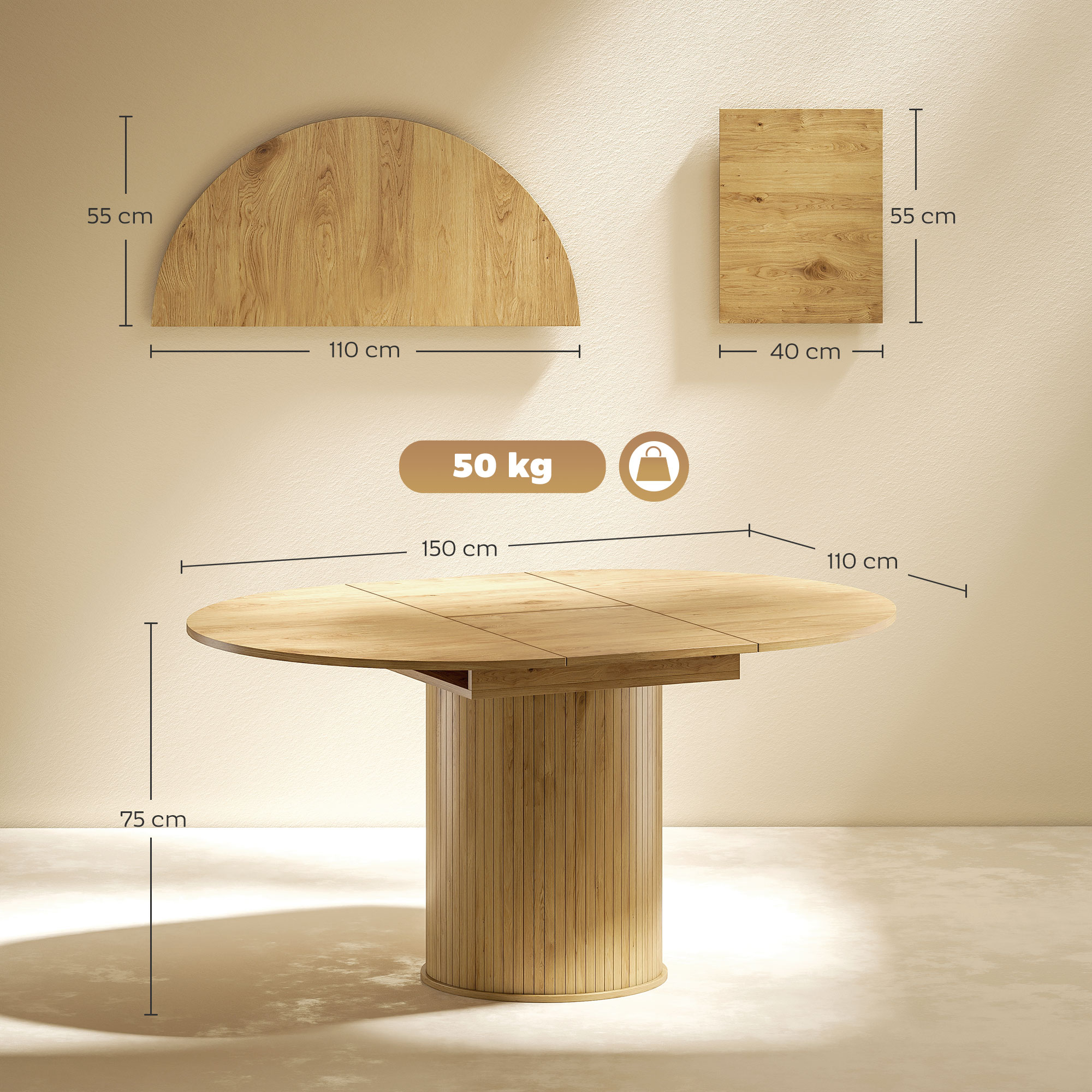 Una mesa redonda de madera con base de pedestal, con dimensiones. Un semicírculo y un rectángulo cerca.