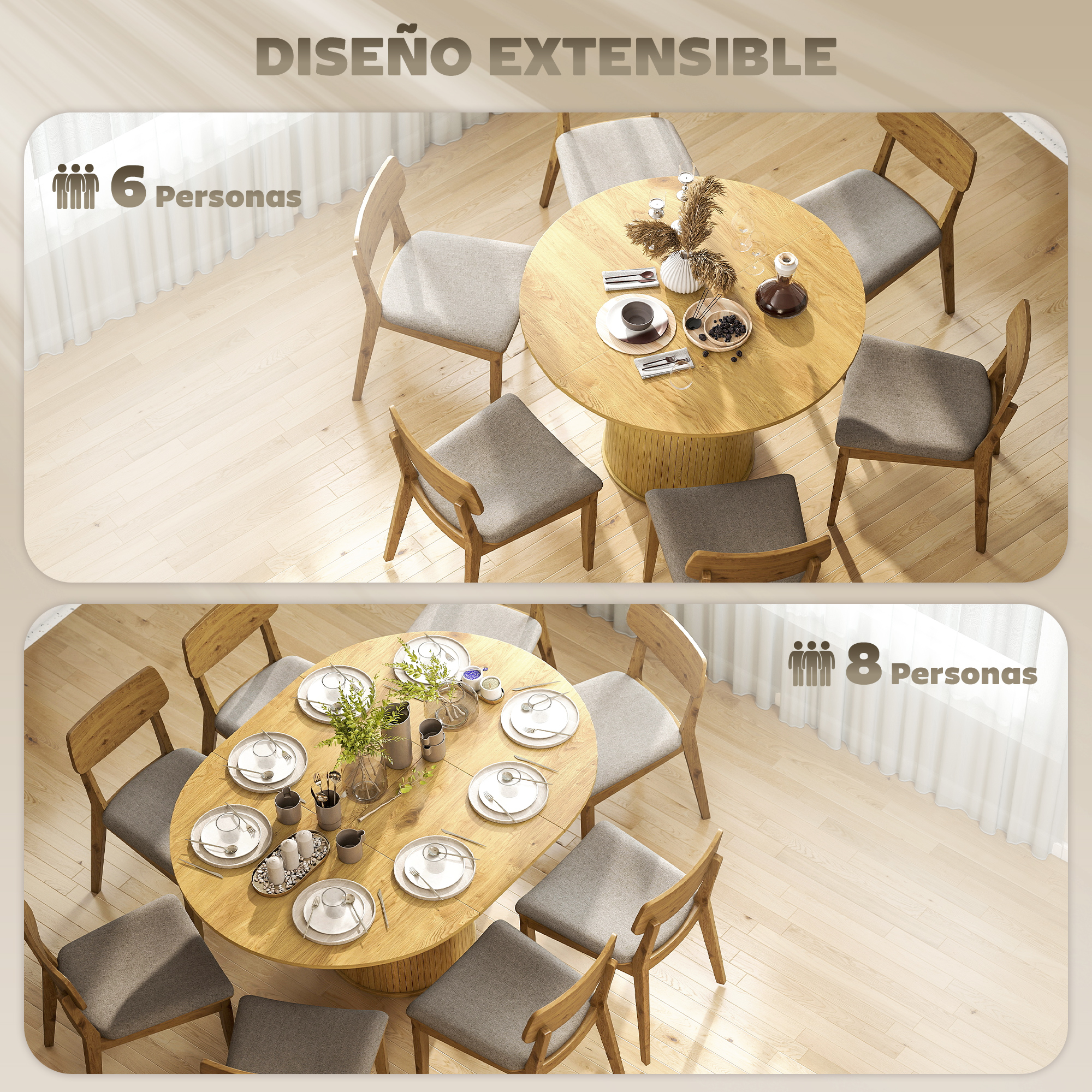 Una mesa redonda de madera para 6 personas con sillas grises, decorada con un jarrón.