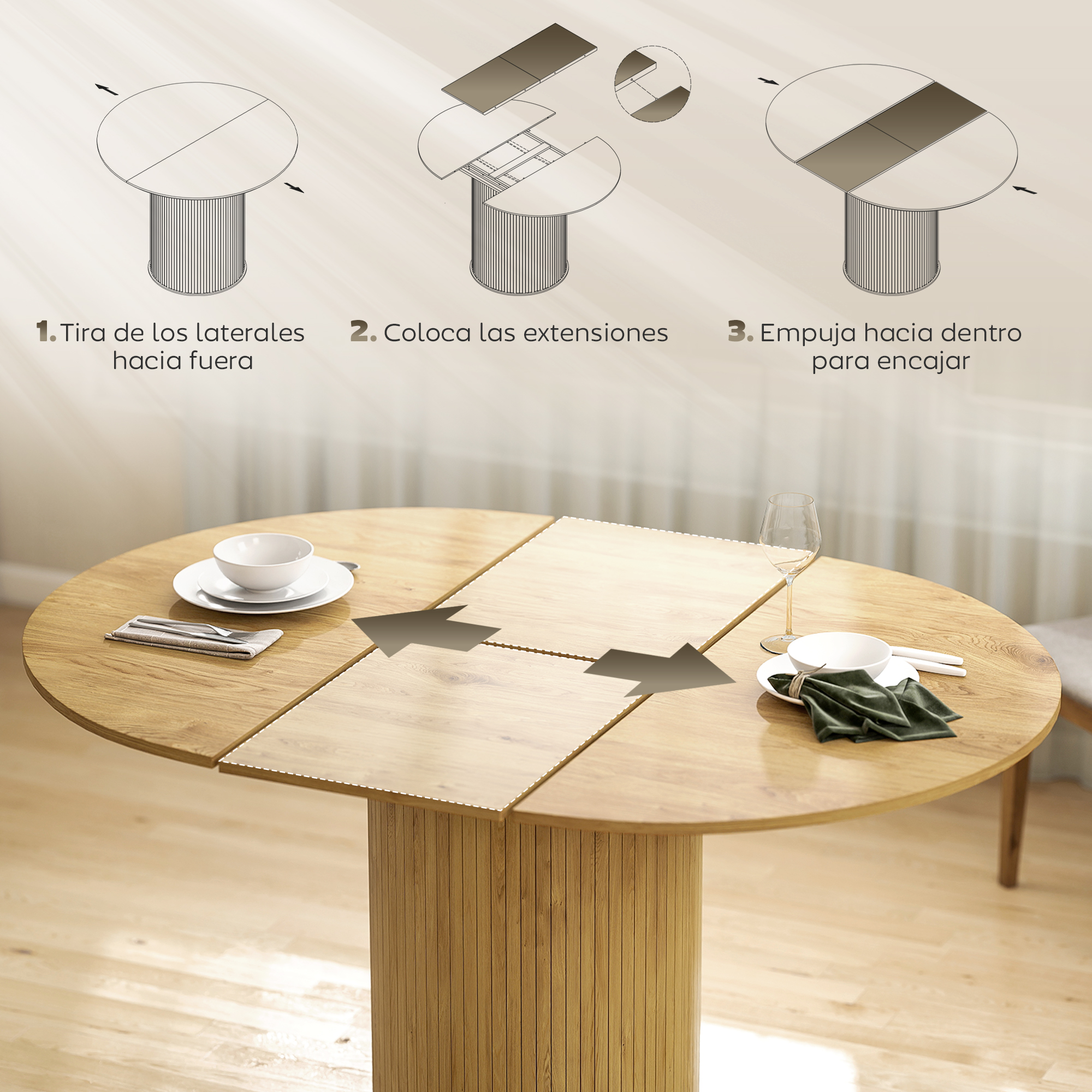 Instrucciones para extender una mesa redonda con extensiones.