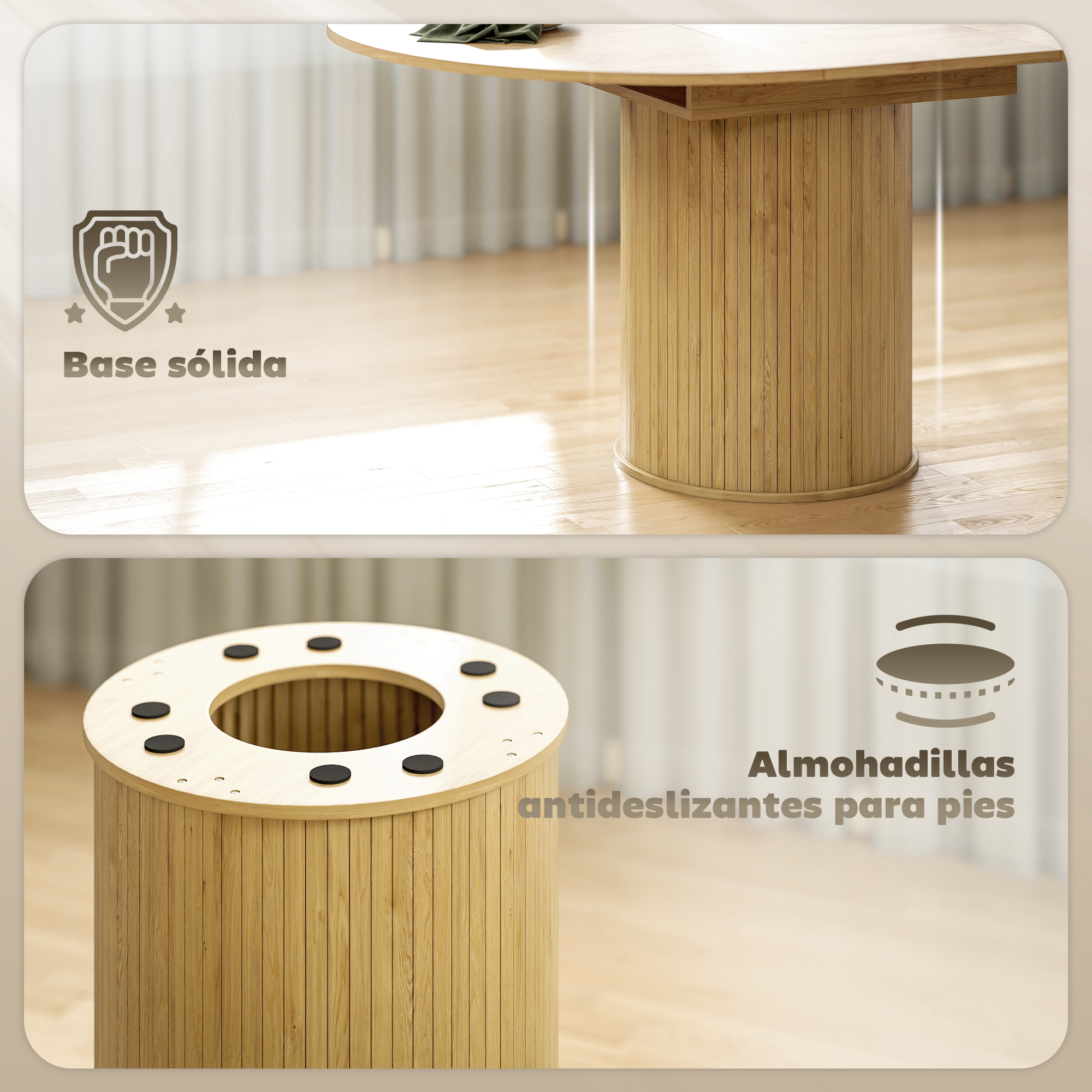 Base de mesa de madera con lamas verticales y almohadillas antideslizantes.