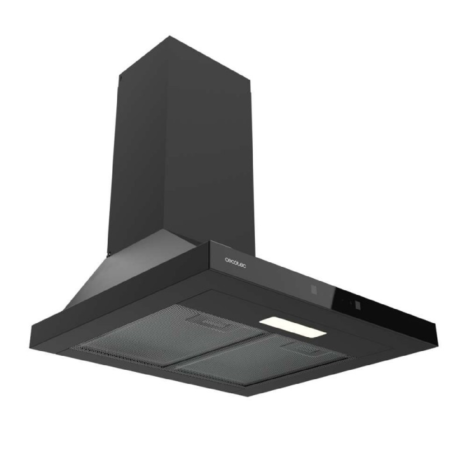 Cappa da cucina nera con filtri metallici e luce LED.