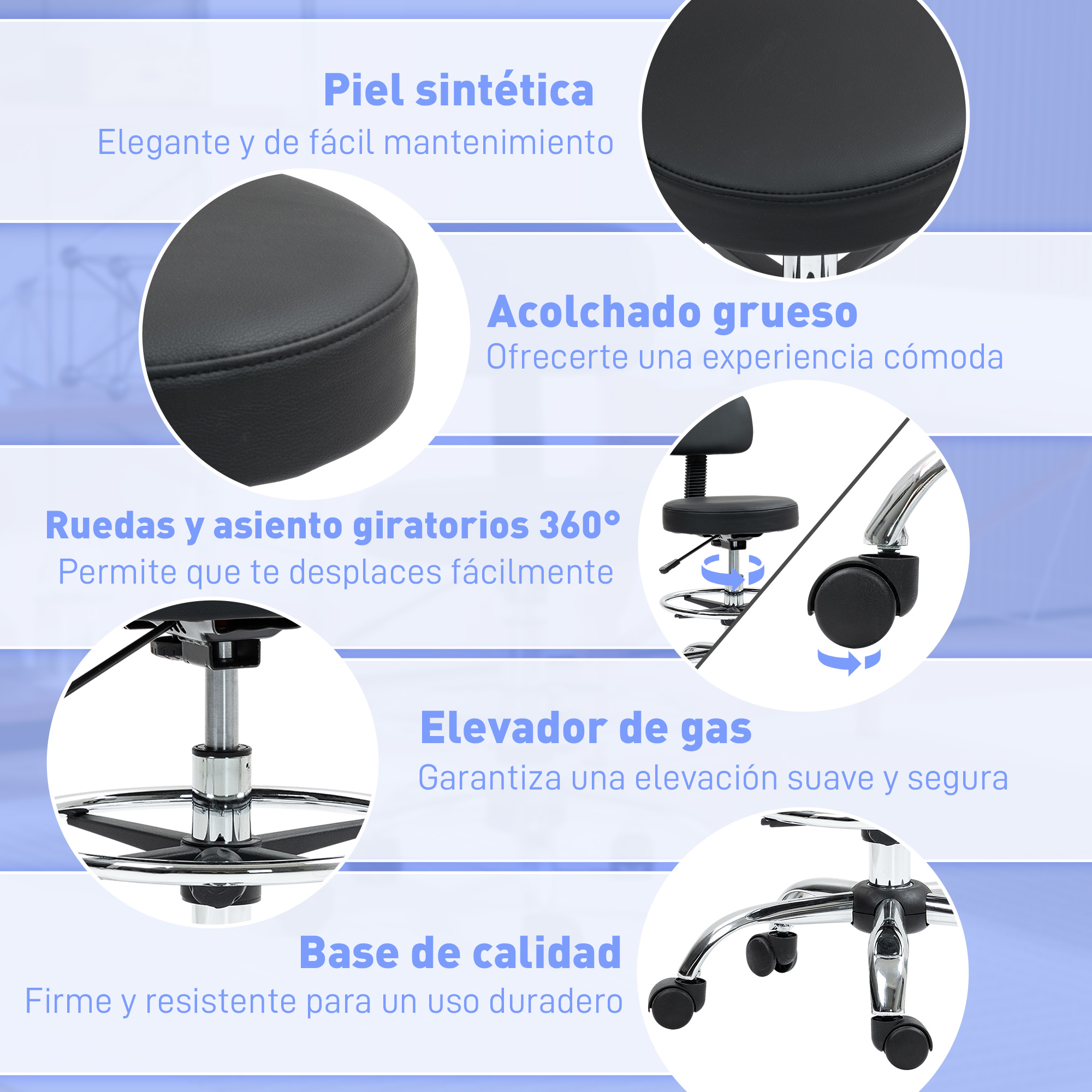 Silla de oficina negra con ruedas, elevador de gas y asiento acolchado.
